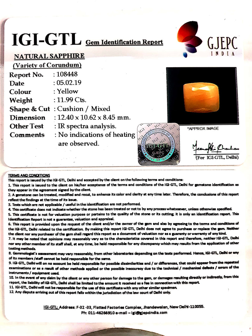 13.32 Ratti Natural Yellow Sapphire With Govt Lab Certificate-(1221)