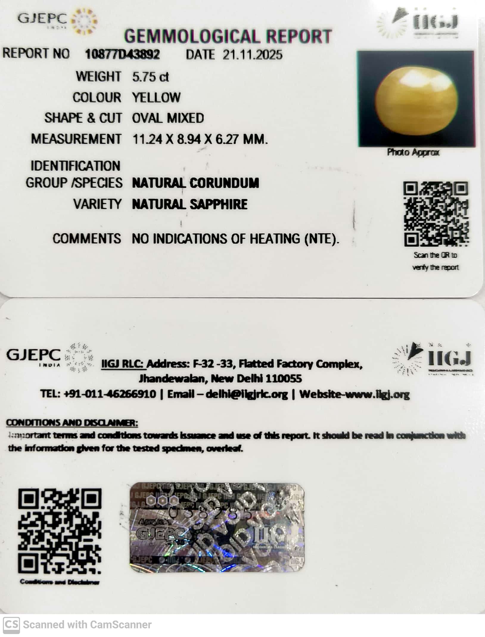 5.75/CT Natural Yellow Sapphire With Govt Lab Certificate (2331)