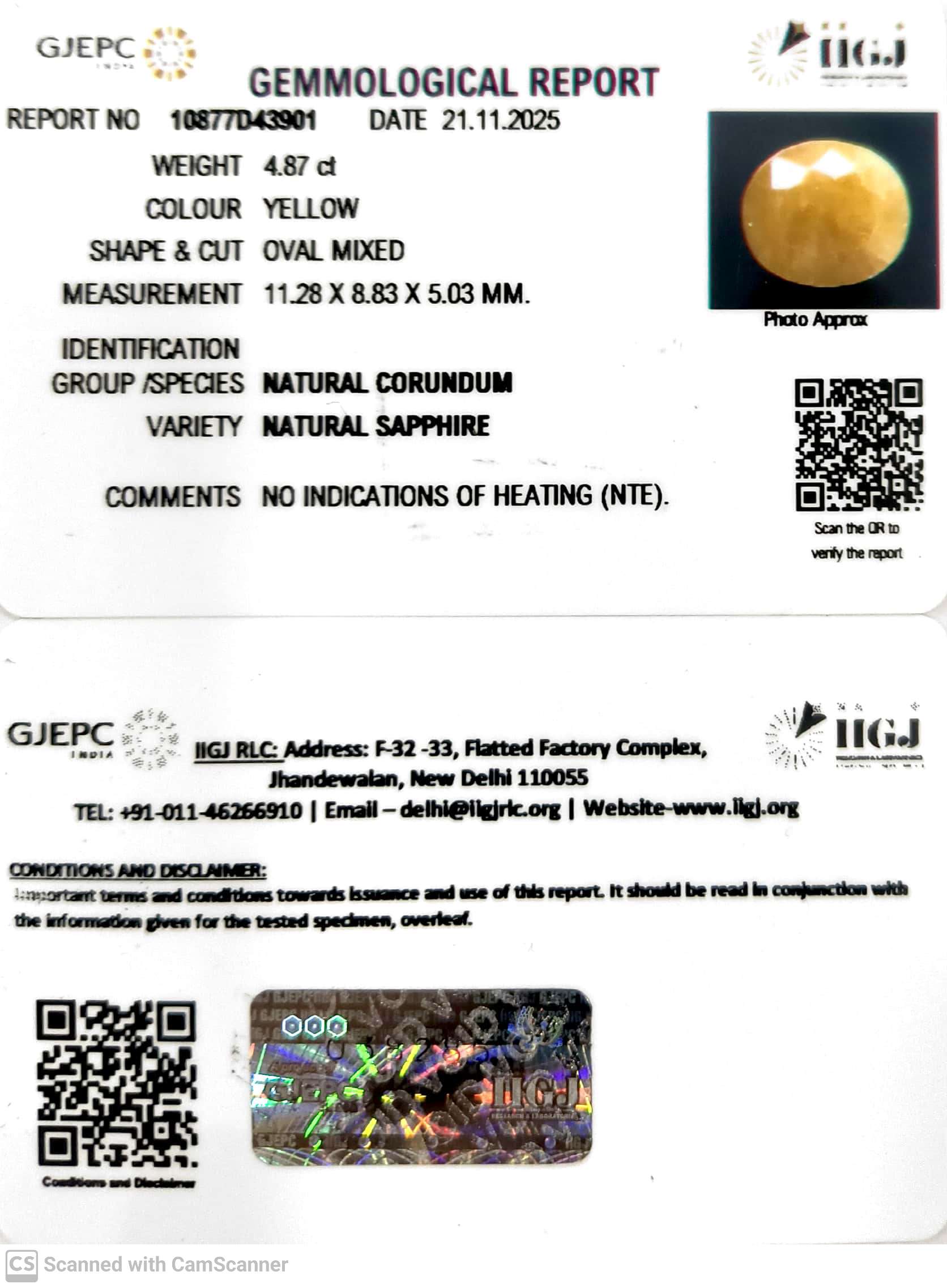 4.87/CT Natural Yellow Sapphire With Govt Lab Certificate (10877D43901)