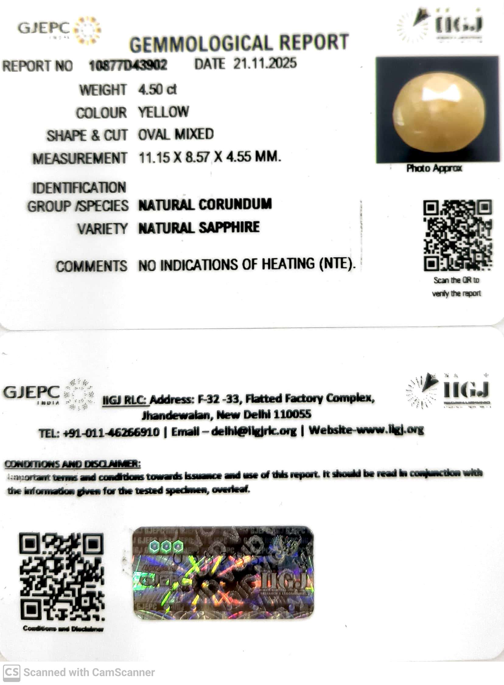4.50/CT Natural Yellow Sapphire With Govt Lab Certificate (2331)