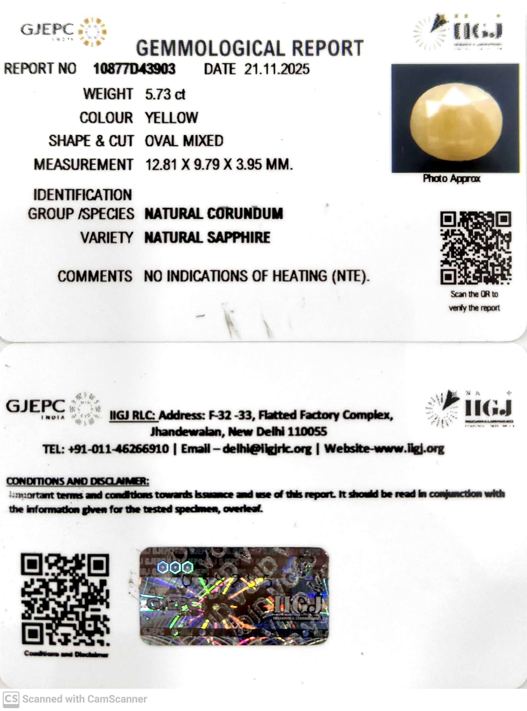 5.73/CT Natural Yellow Sapphire With Govt Lab Certificate (2331)