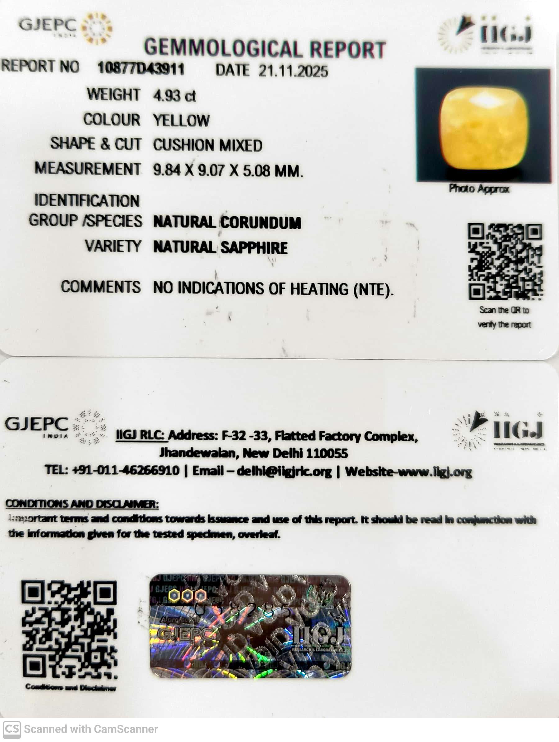 4.93/CT Natural Yellow Sapphire With Govt Lab Certificate (2331)