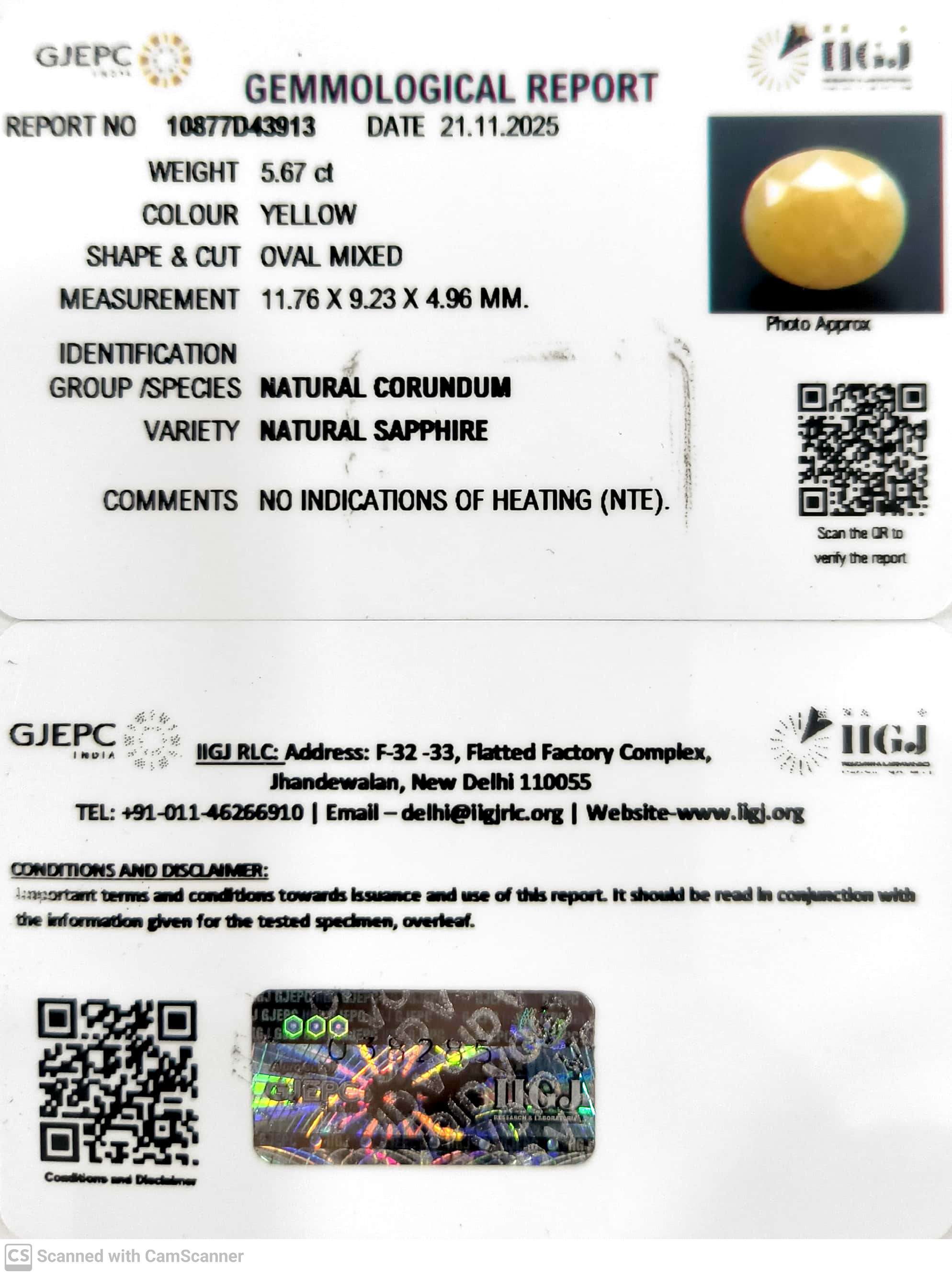 5.67/CT Natural Yellow Sapphire With Govt Lab Certificate (2331)