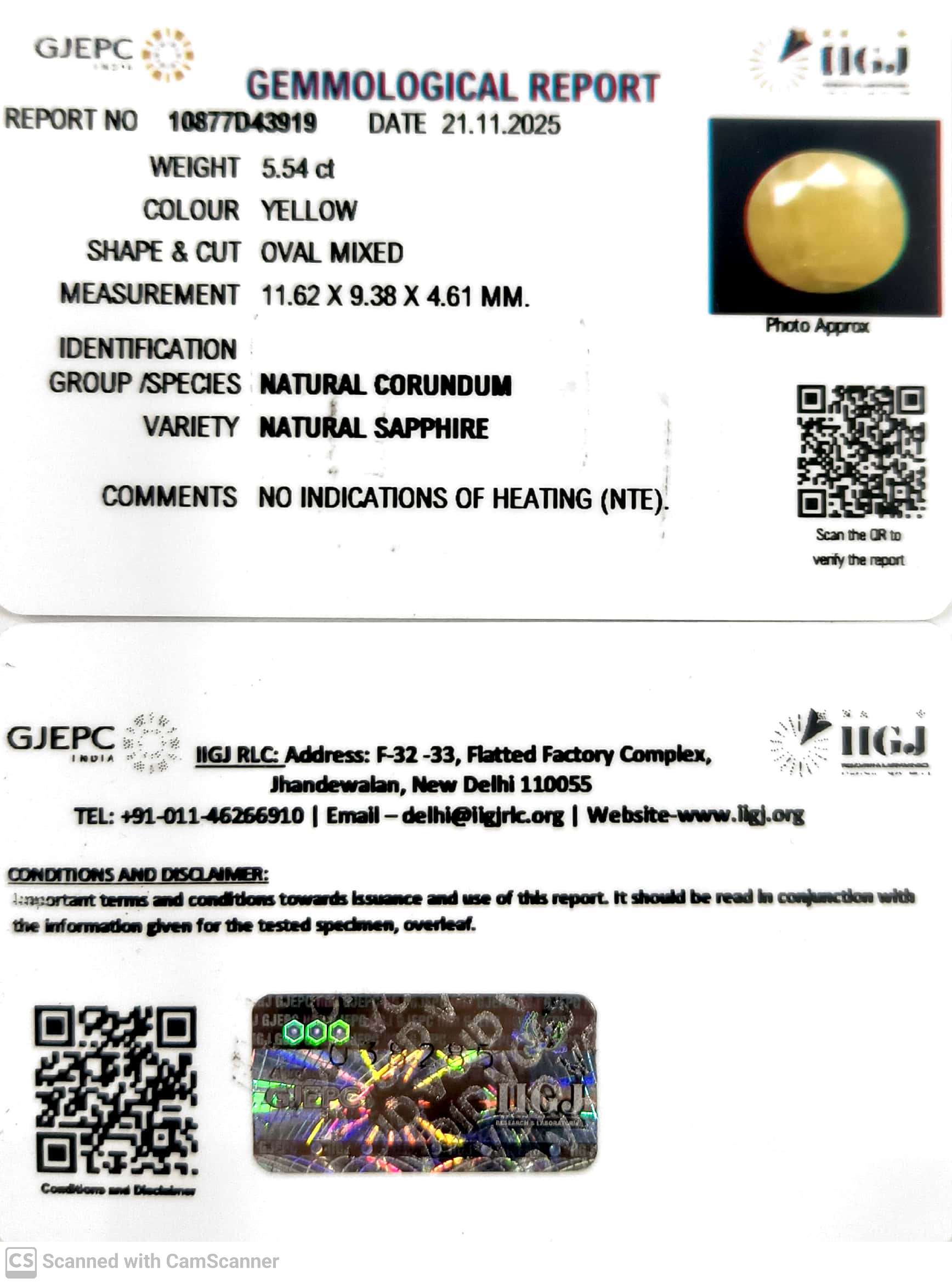 5.54/CT Natural Yellow Sapphire With Govt Lab Certificate (2331)