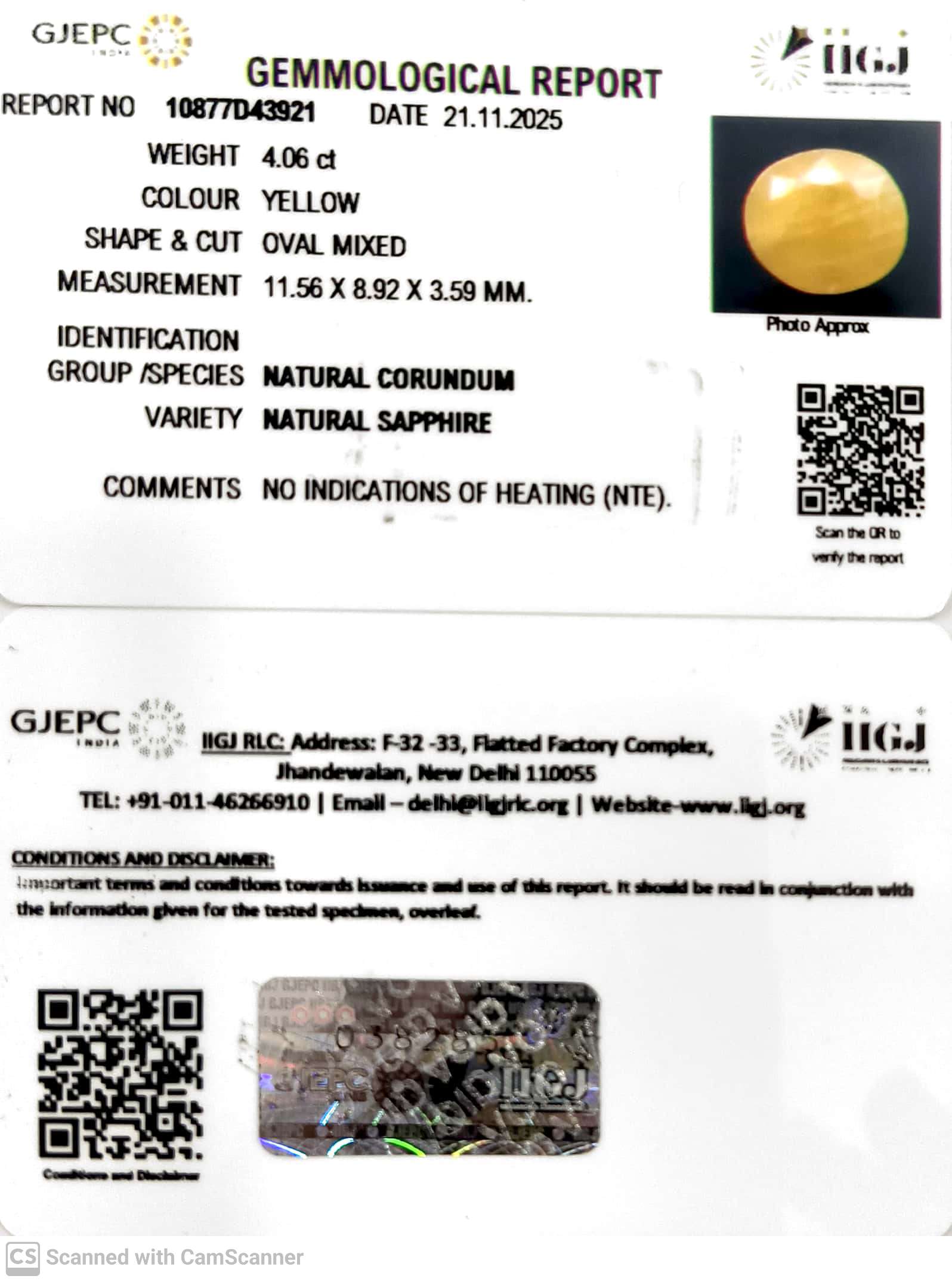 4.06/CT Natural Yellow Sapphire With Govt Lab Certificate (2331)