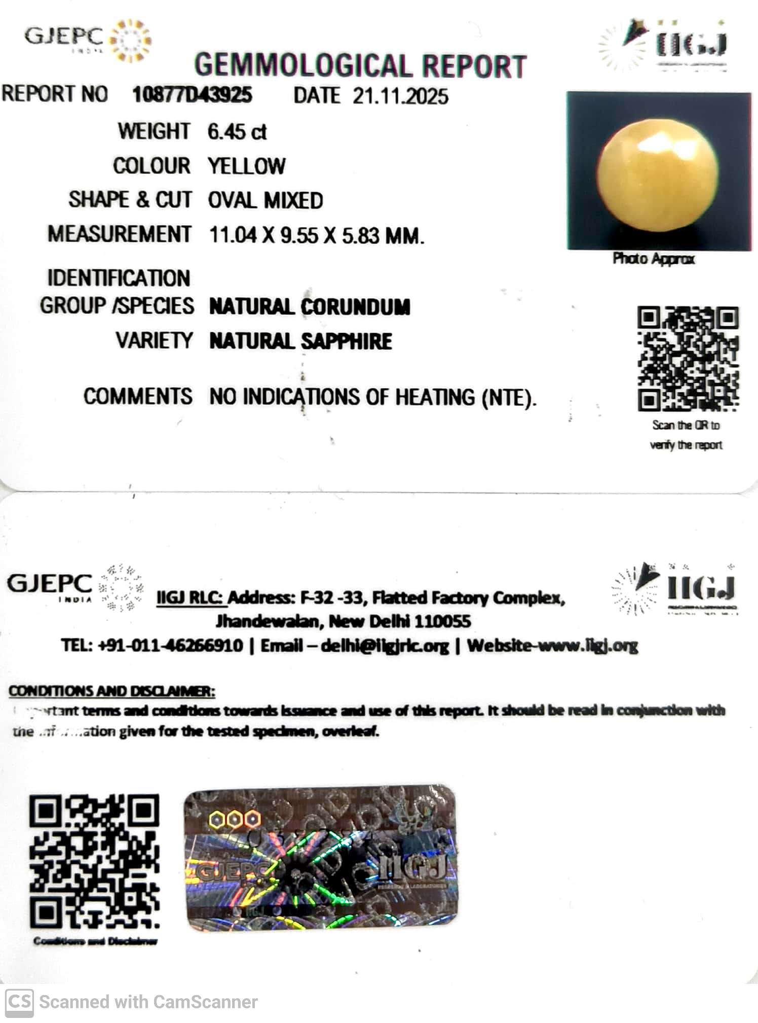 6.45/CT Natural Yellow Sapphire With Govt Lab Certificate (2331)
