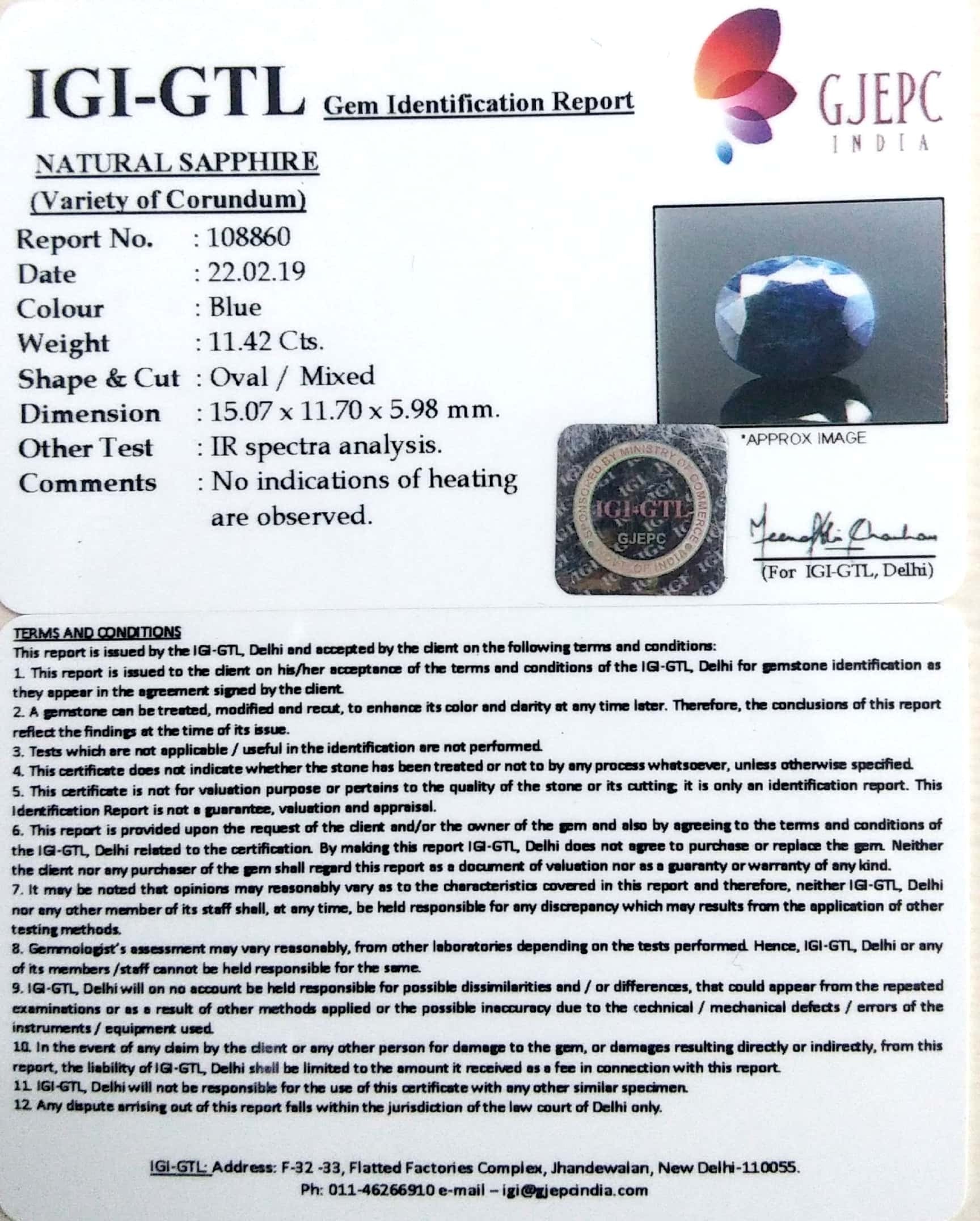 12.69 Ratti Natural Blue Sapphire With Govt Lab Certified-(2331)