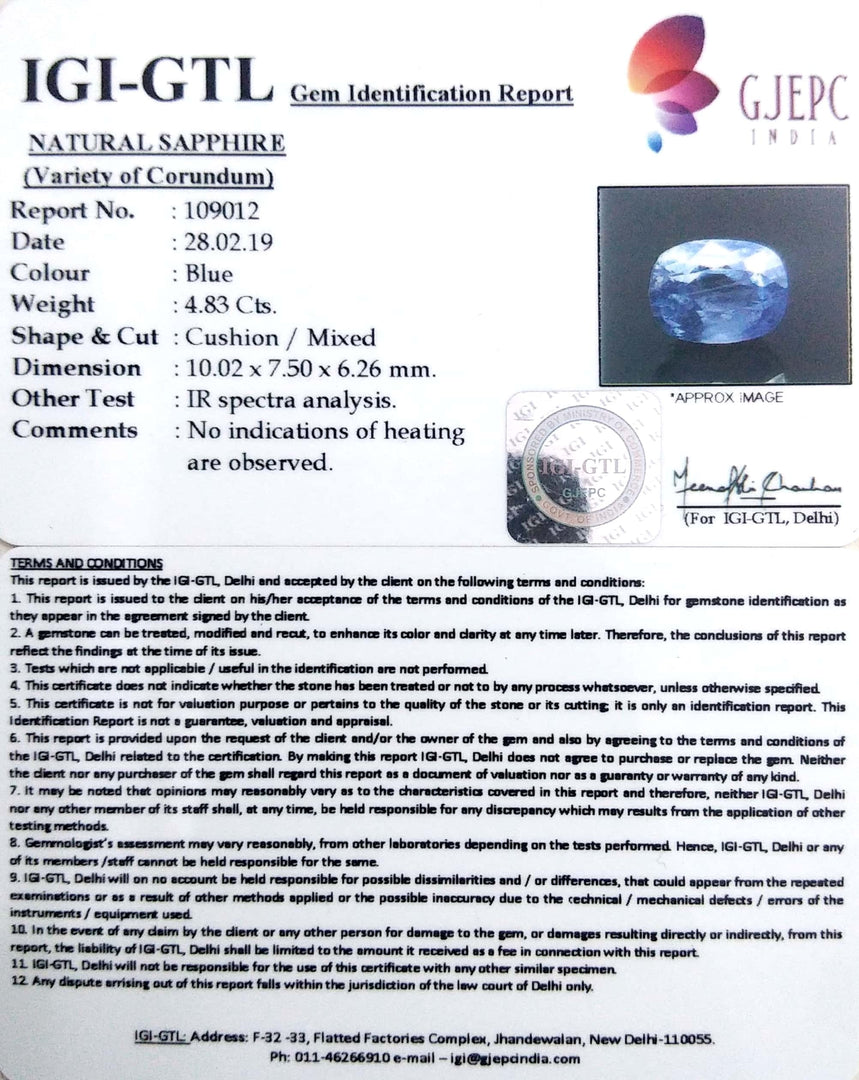 4.83/CT Natural Blue Sapphire With Govt Lab Certified (YELSA9X)