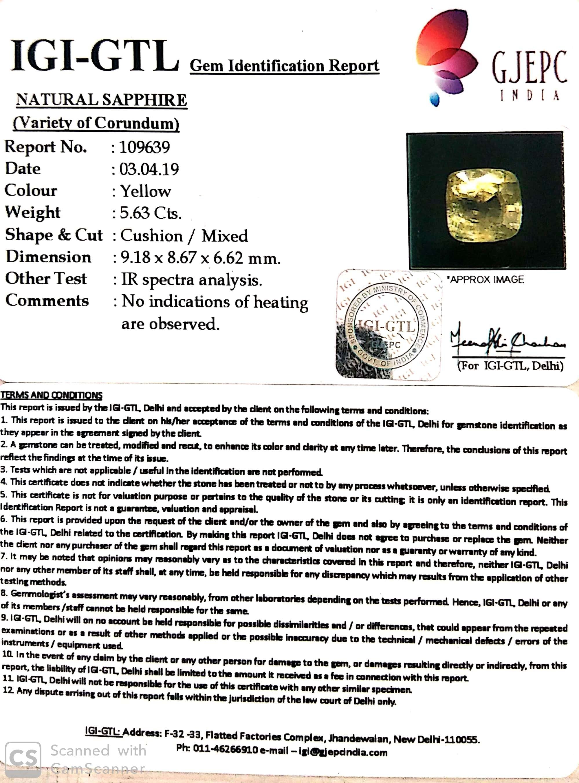5.63/CT Natural Yellow Sapphire With Govt Lab Certificate