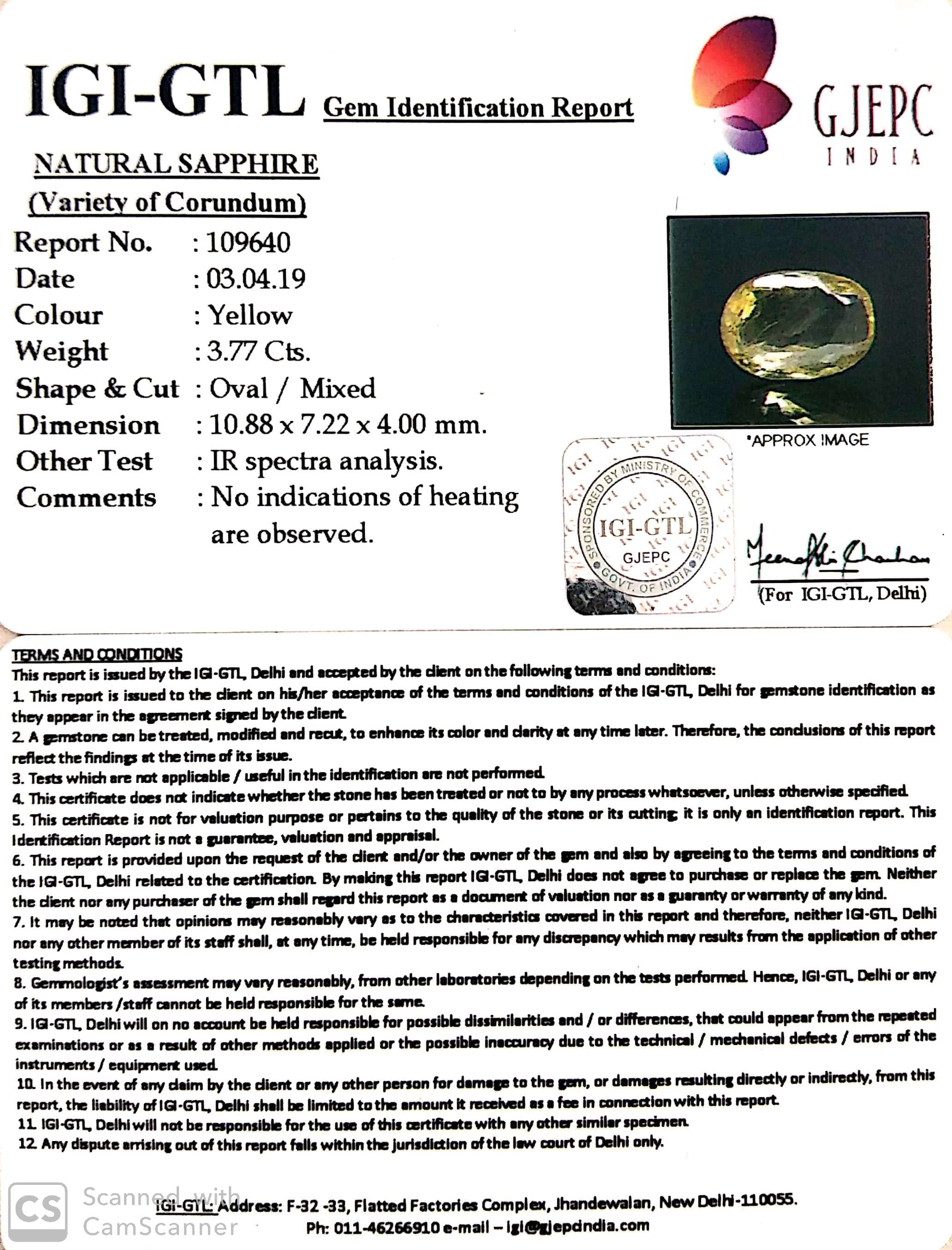 3.77/CT Natural Yellow Sapphire With Govt Lab Certificate-YELSA9V