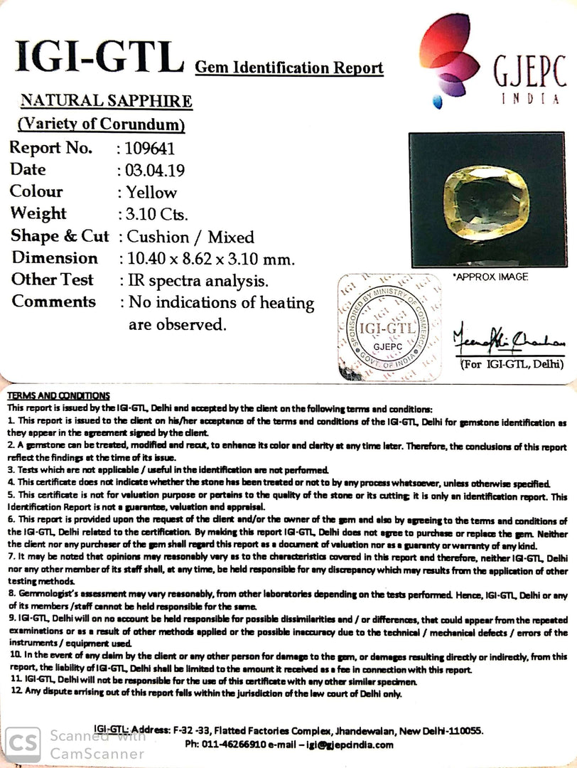 3.10/CT Natural Yellow Sapphire With Govt Lab Certificate-(YELSA9V)