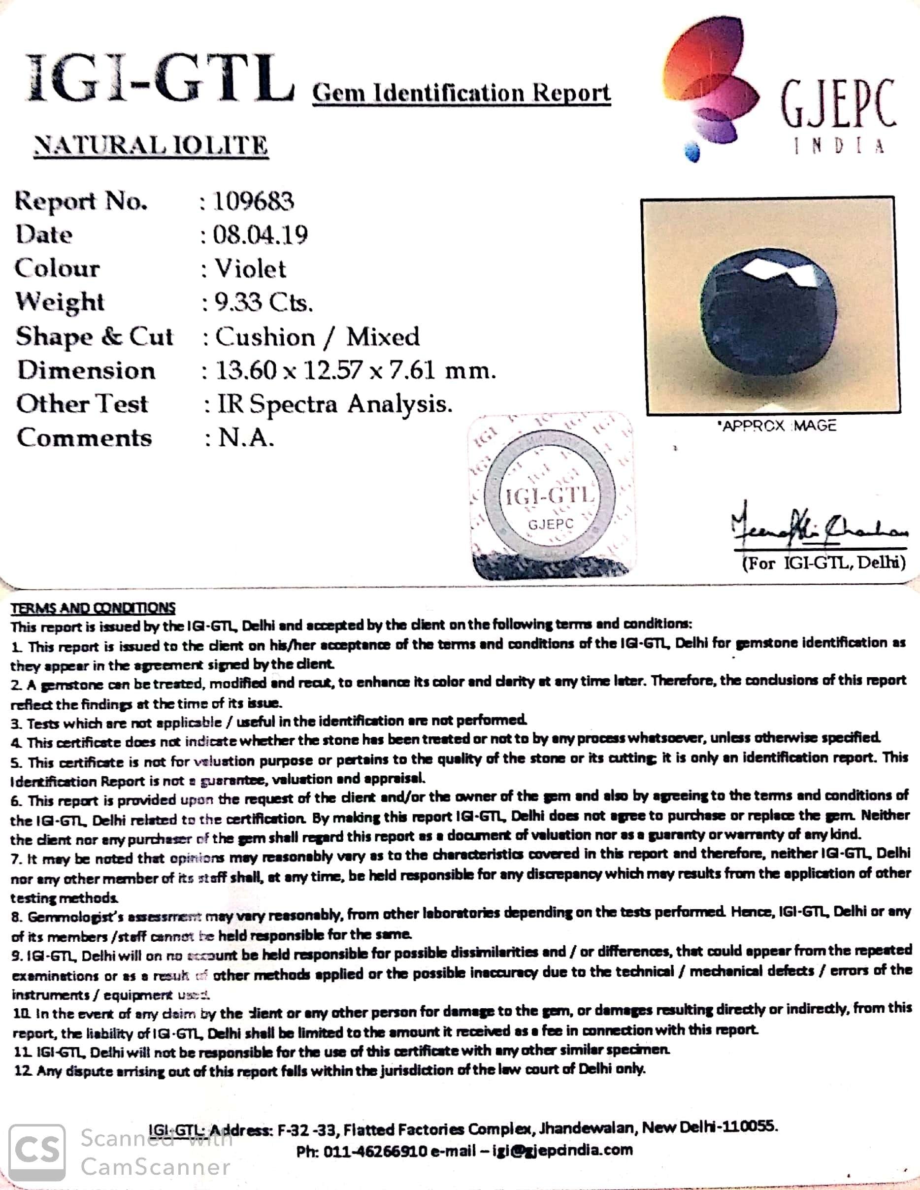 10.37 Ratti Natural Iolite With Govt Lab Certified-(1221)