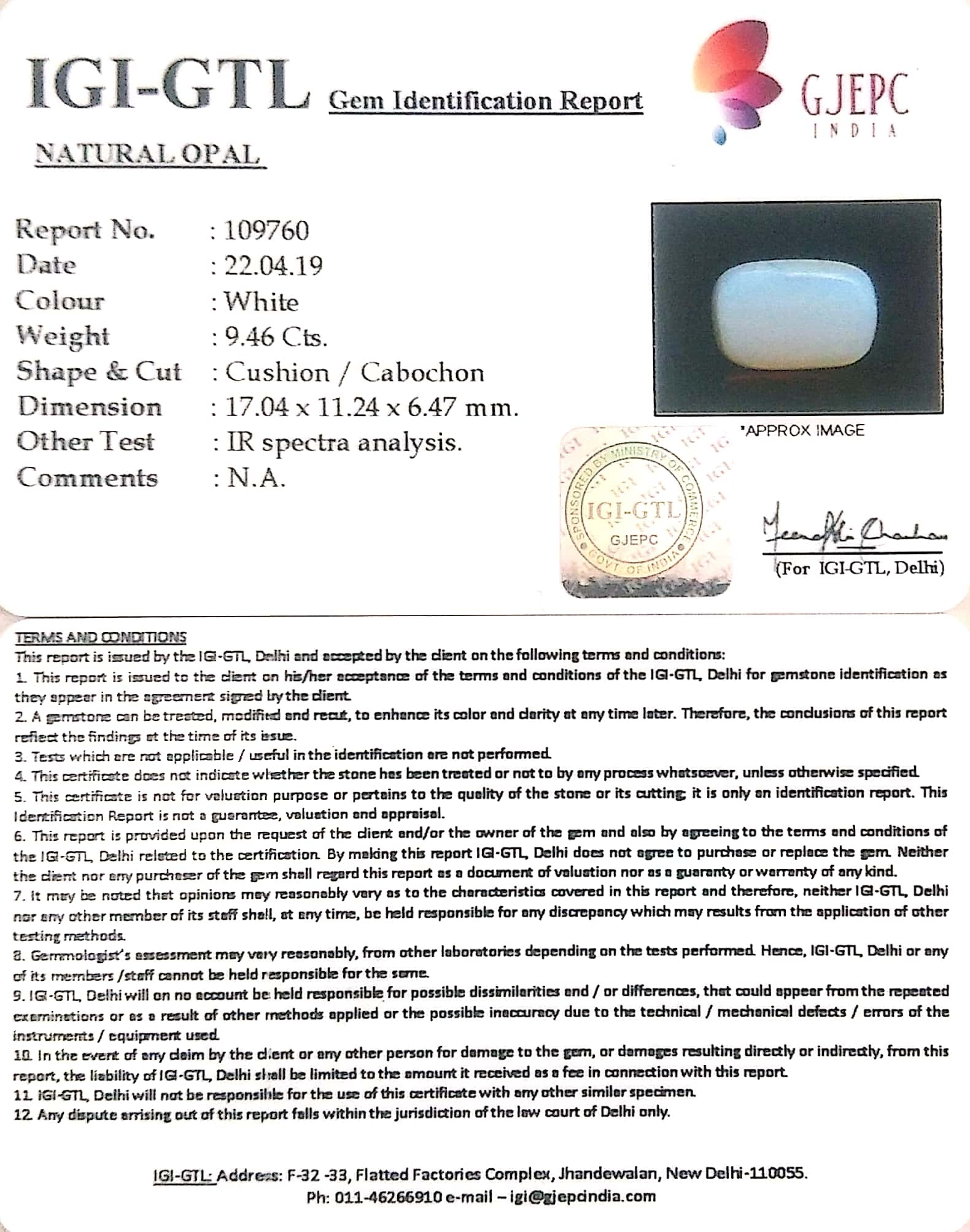 9.46 Carat White Color Natural Opal with Govt. Lab Certificate-(610)