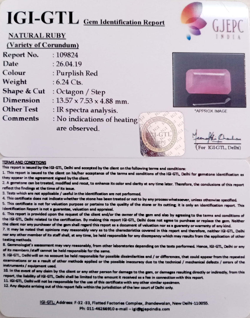 6.92 Ratti Natural Mozambique Ruby with Govt. Lab Certificate-12210