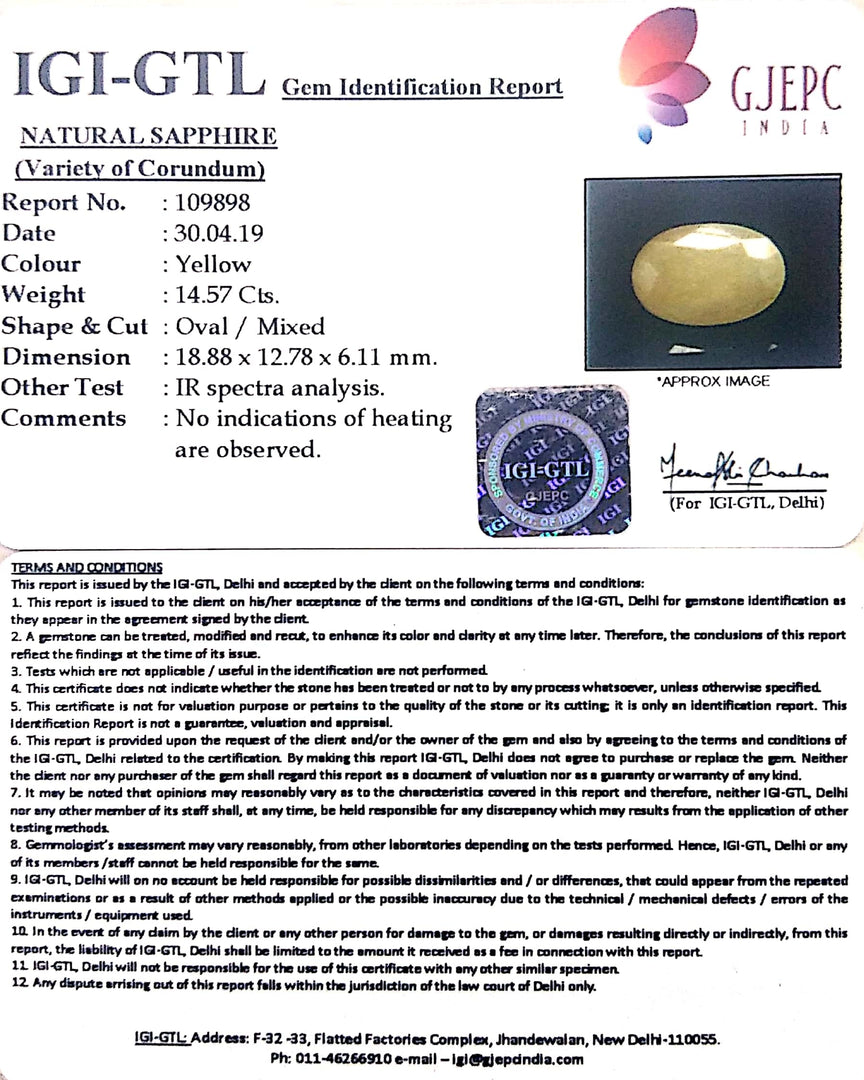 16.19 Ratti Natural Yellow Sapphire With Govt Lab Certificate-(1221)
