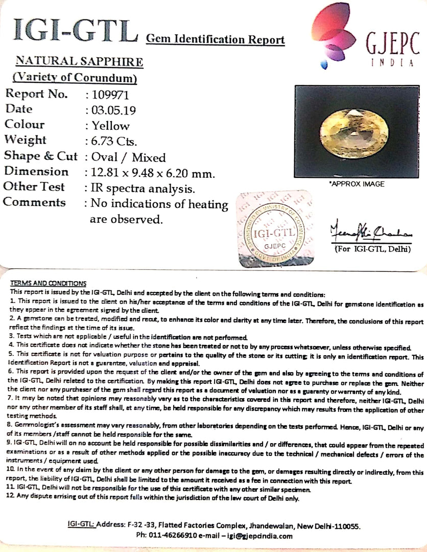 6.73/CT Natural Yellow Sapphire With Govt Lab Certificate-56610
