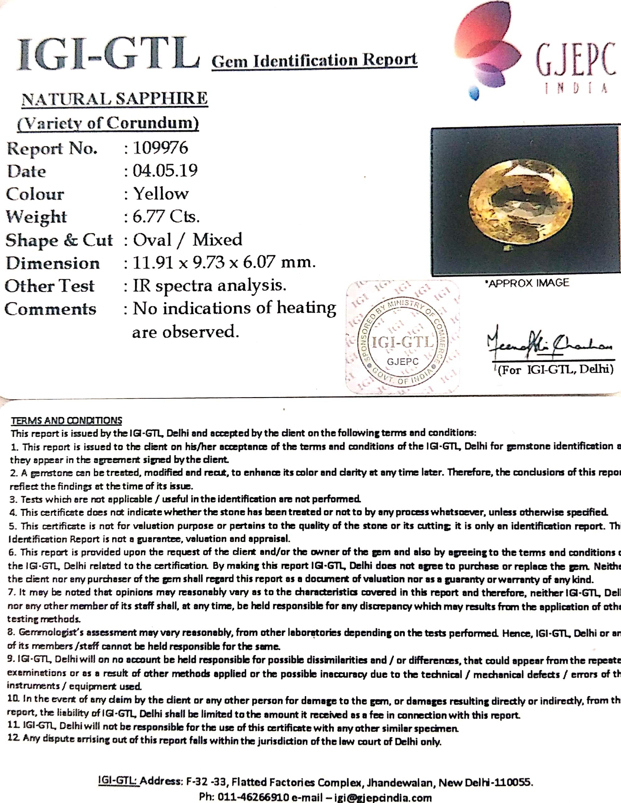 6.77/CT Natural Yellow Sapphire With Govt Lab Certificate-56610