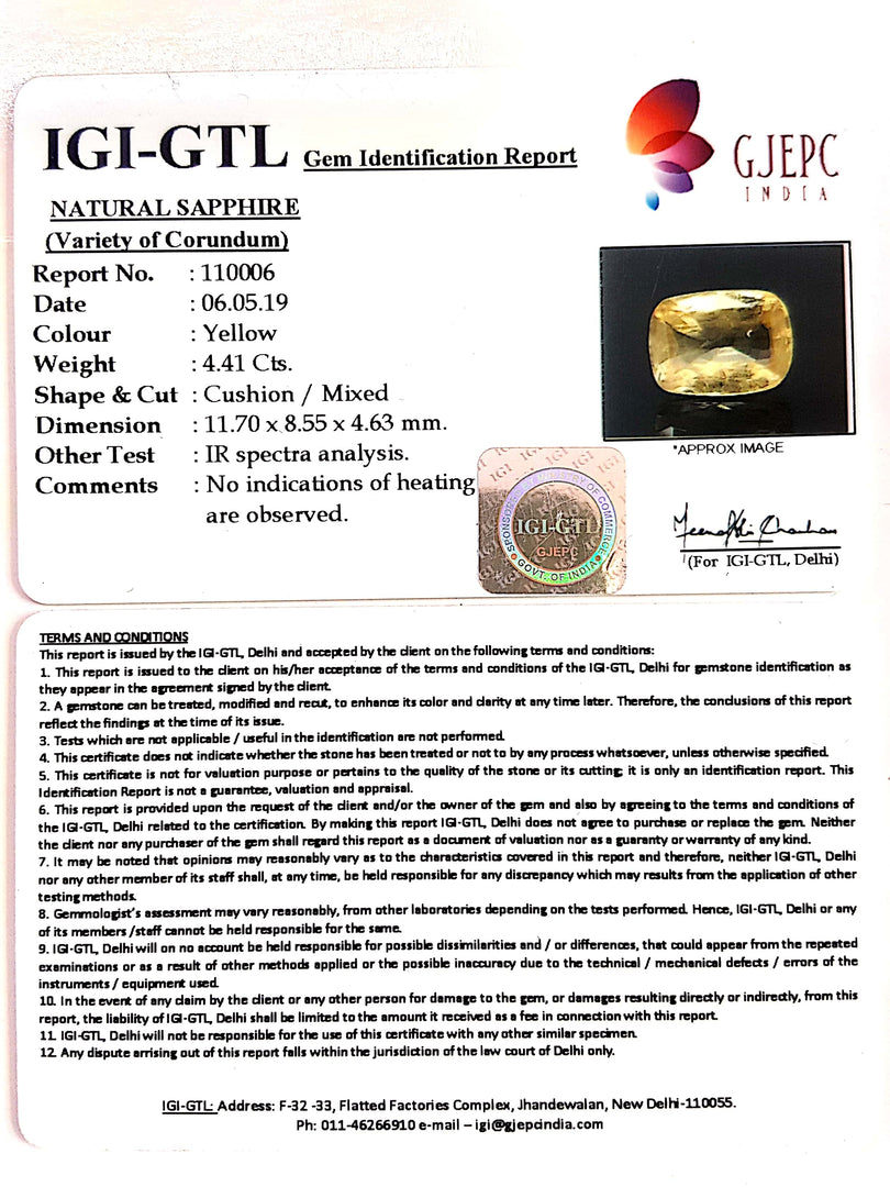 4.41/CT Natural Yellow Sapphire With Govt Lab Certificate-YELSA9V