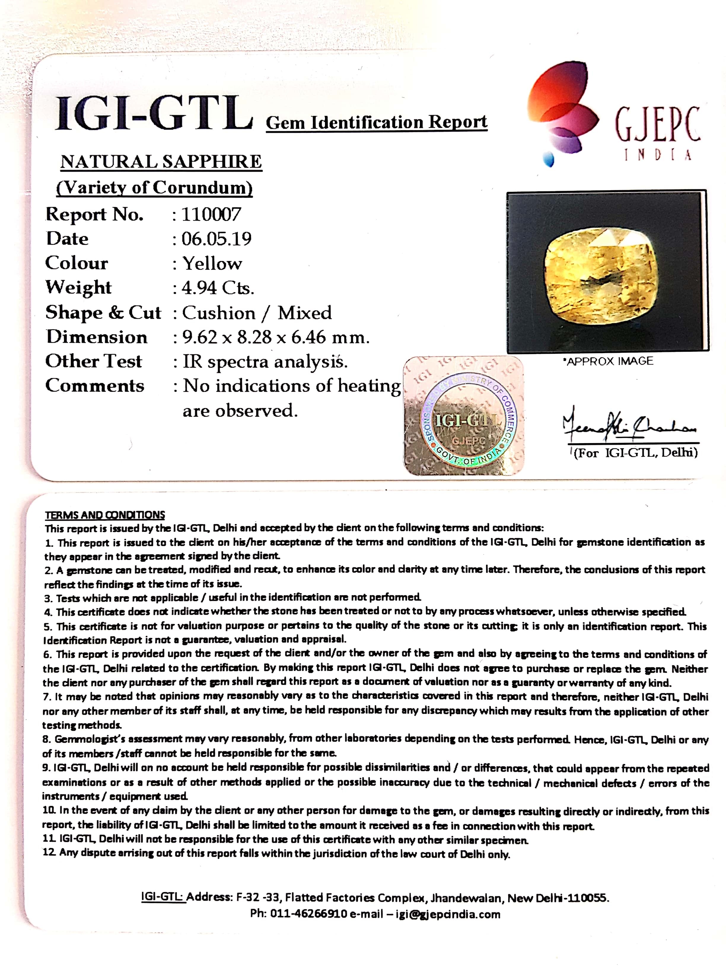 4.94/CT Natural Yellow Sapphire With Govt Lab Certificate