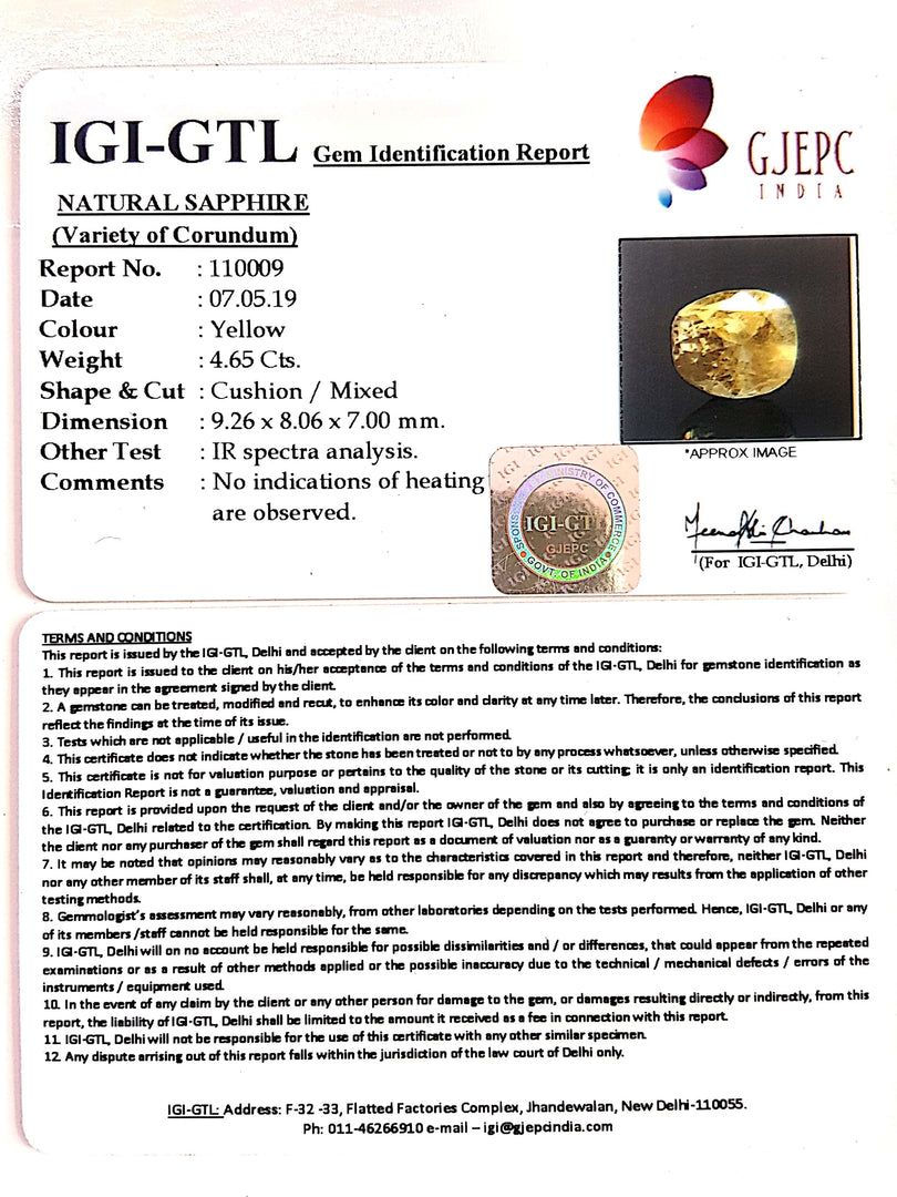 4.65/CT Natural Yellow Sapphire With Govt Lab Certificate-YELSA9A