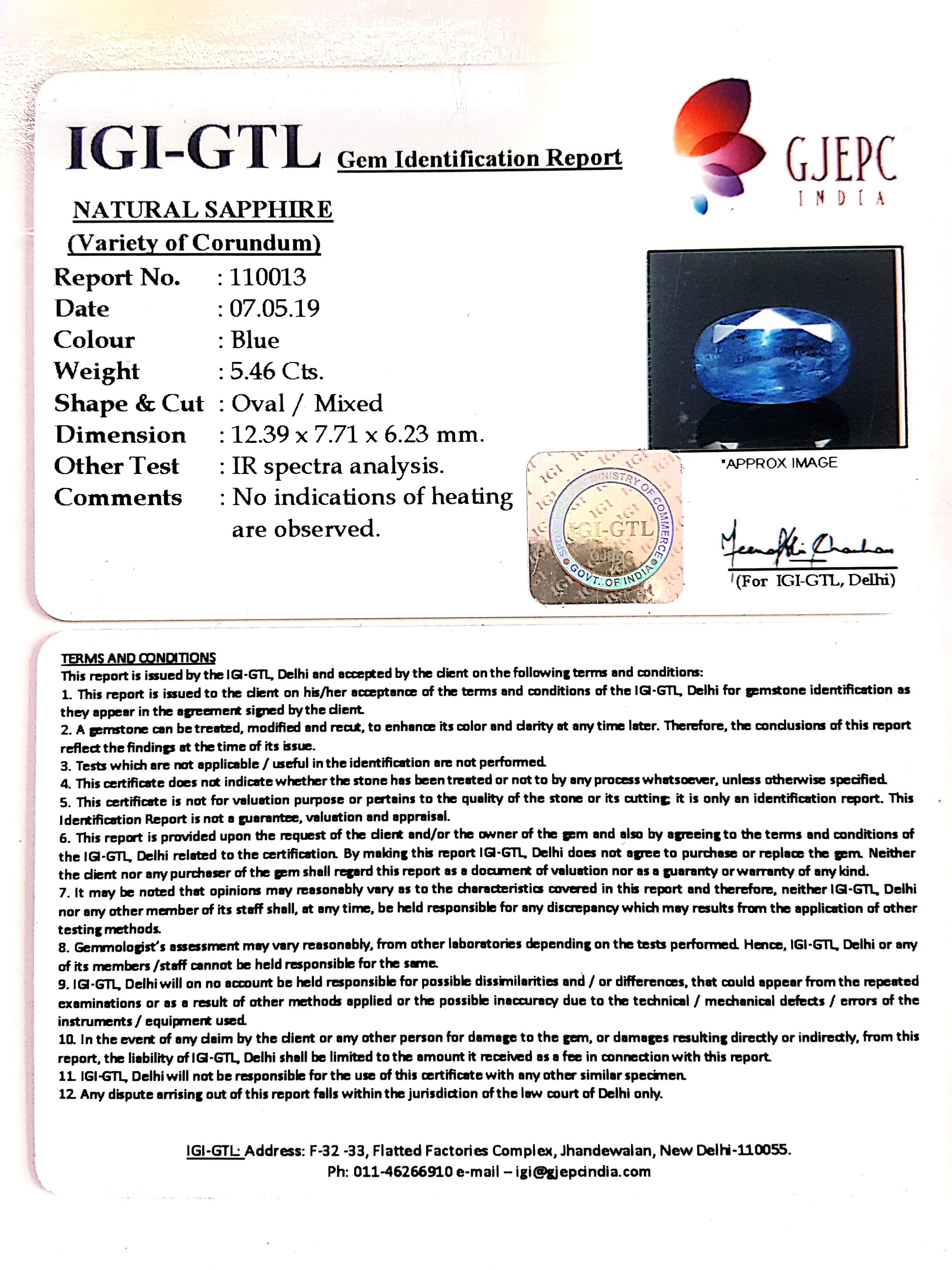 5.46/CT Natural Blue Sapphire with Govt Lab Certificate-110013
