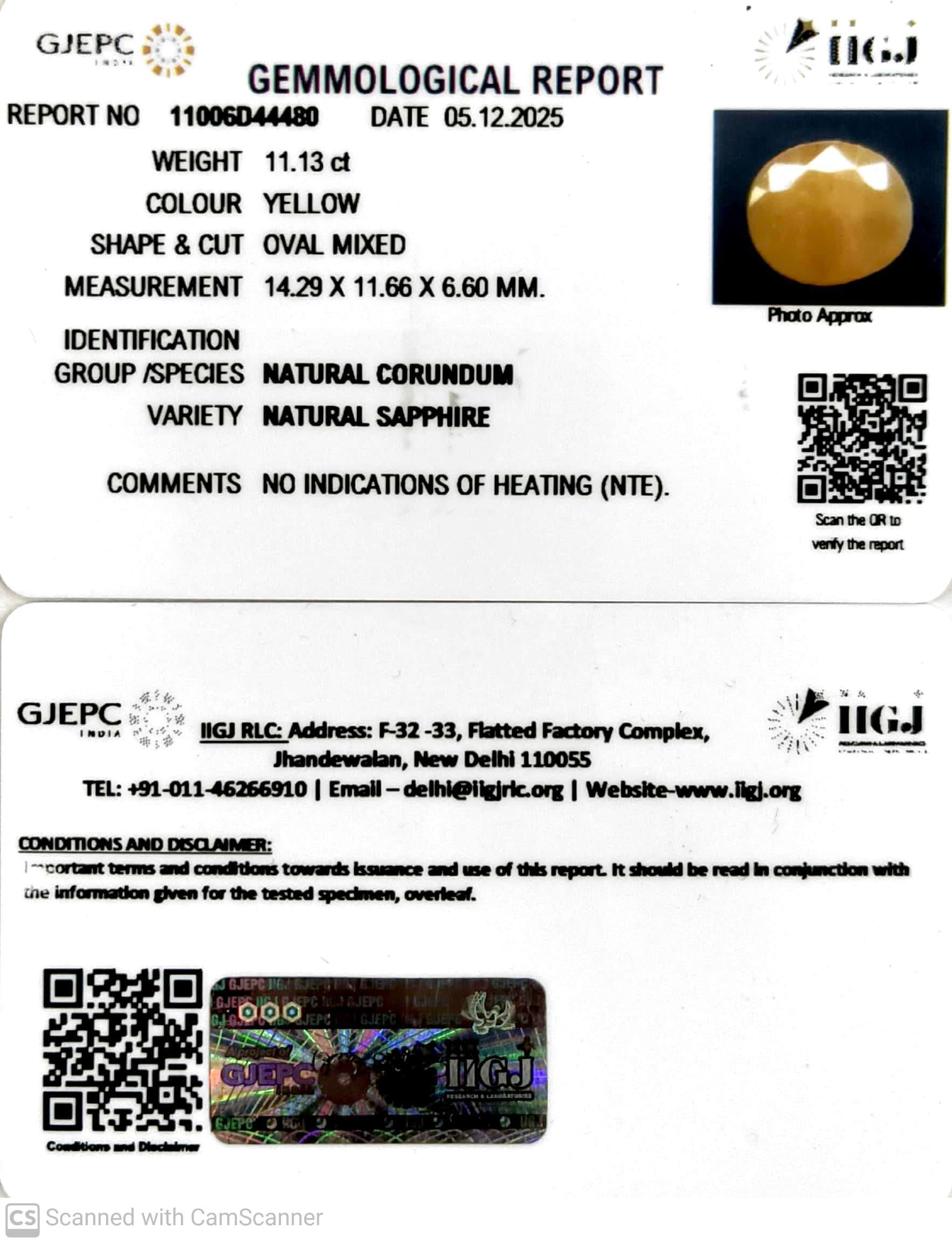 11.13/CT Natural Yellow Sapphire With Govt Lab Certificate-11006D44480
