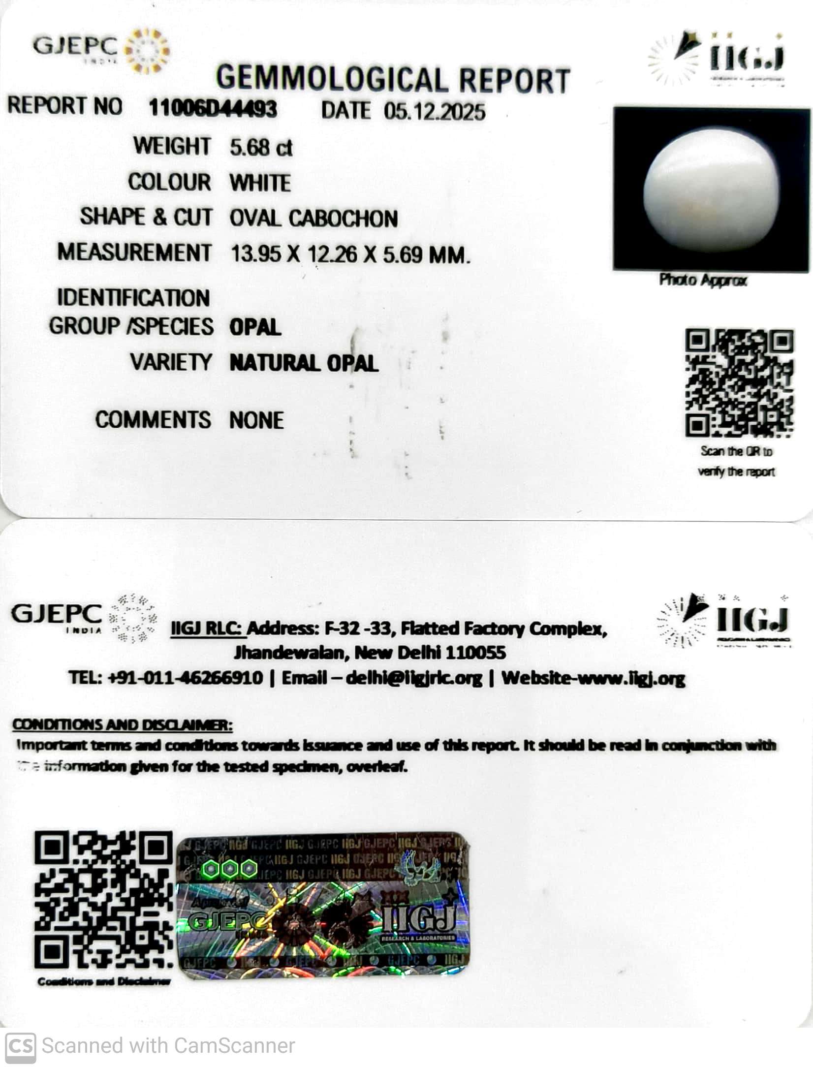 5.68/CT Natural Opal with Govt. Lab Certificate-11006D44493