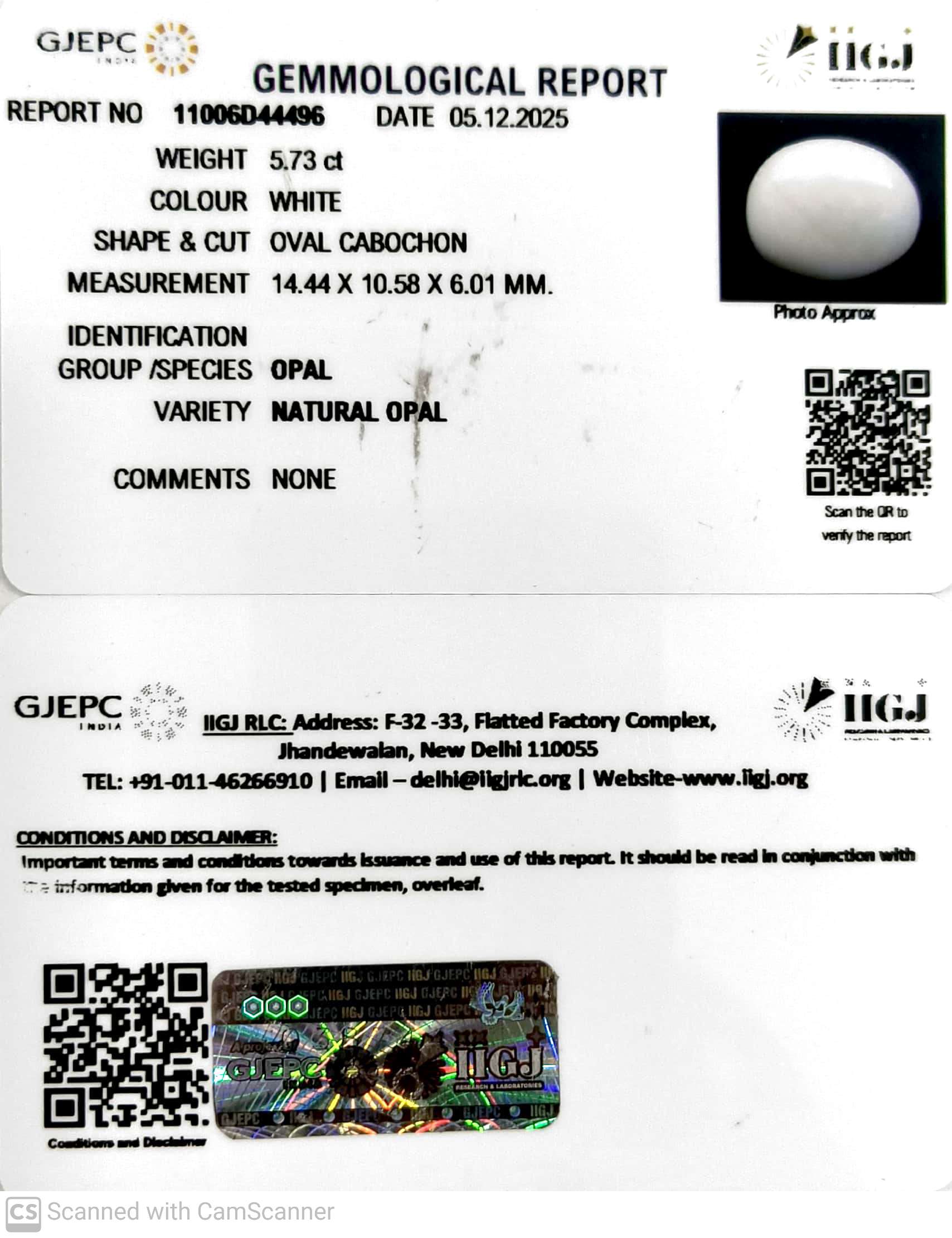 5.73/CT Natural Opal with Govt. Lab Certificate-11006D44496