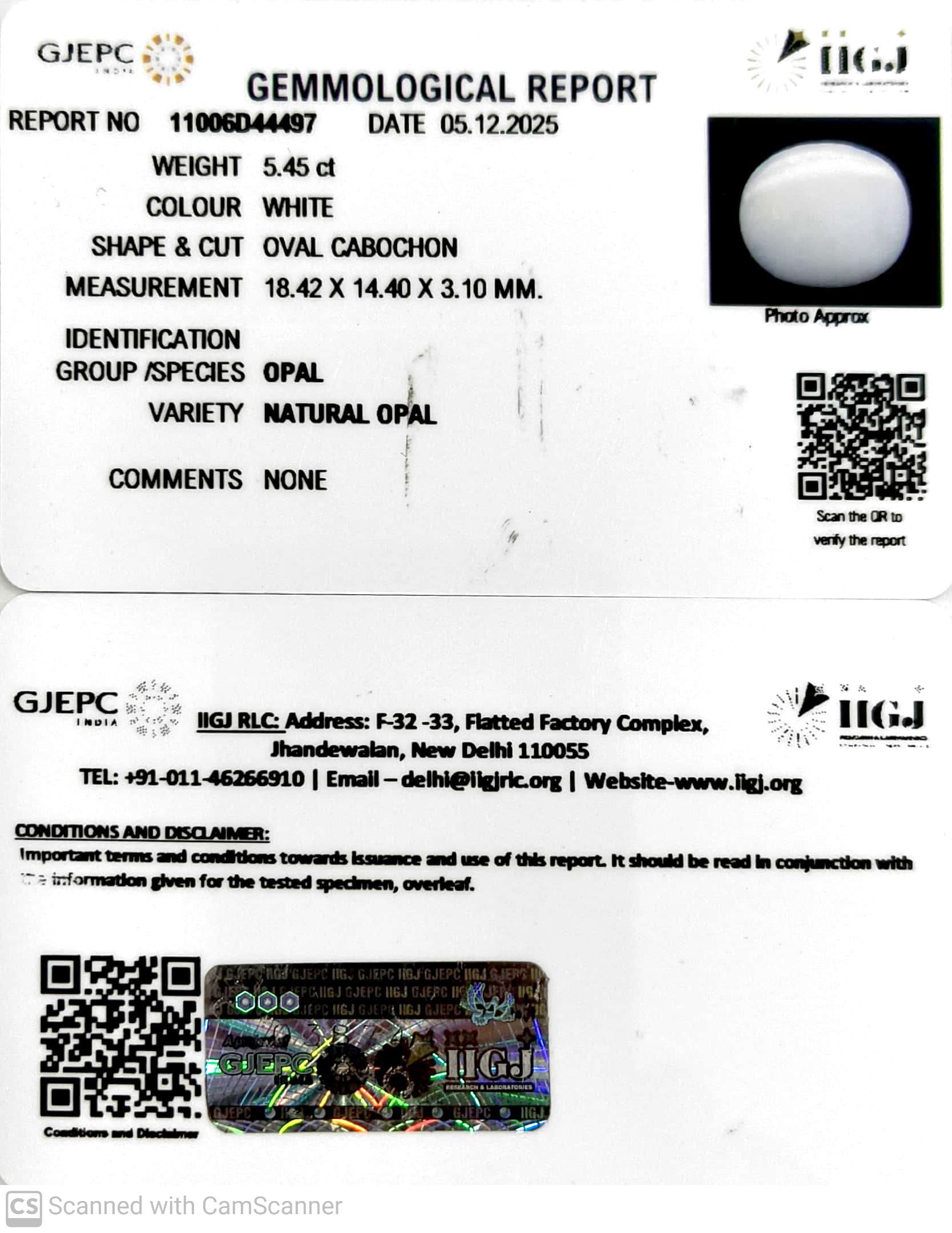 5.44/CT Natural Opal with Govt. Lab Certificate-11006D44497