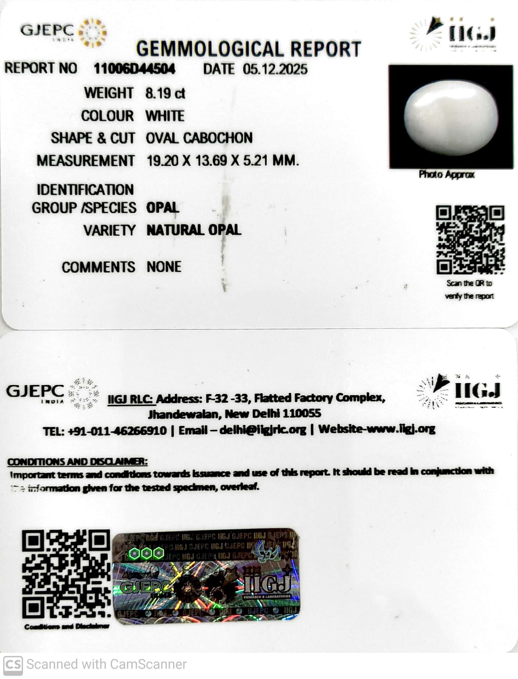 8.19/CT Natural Opal with Govt. Lab Certificate-11006D44504