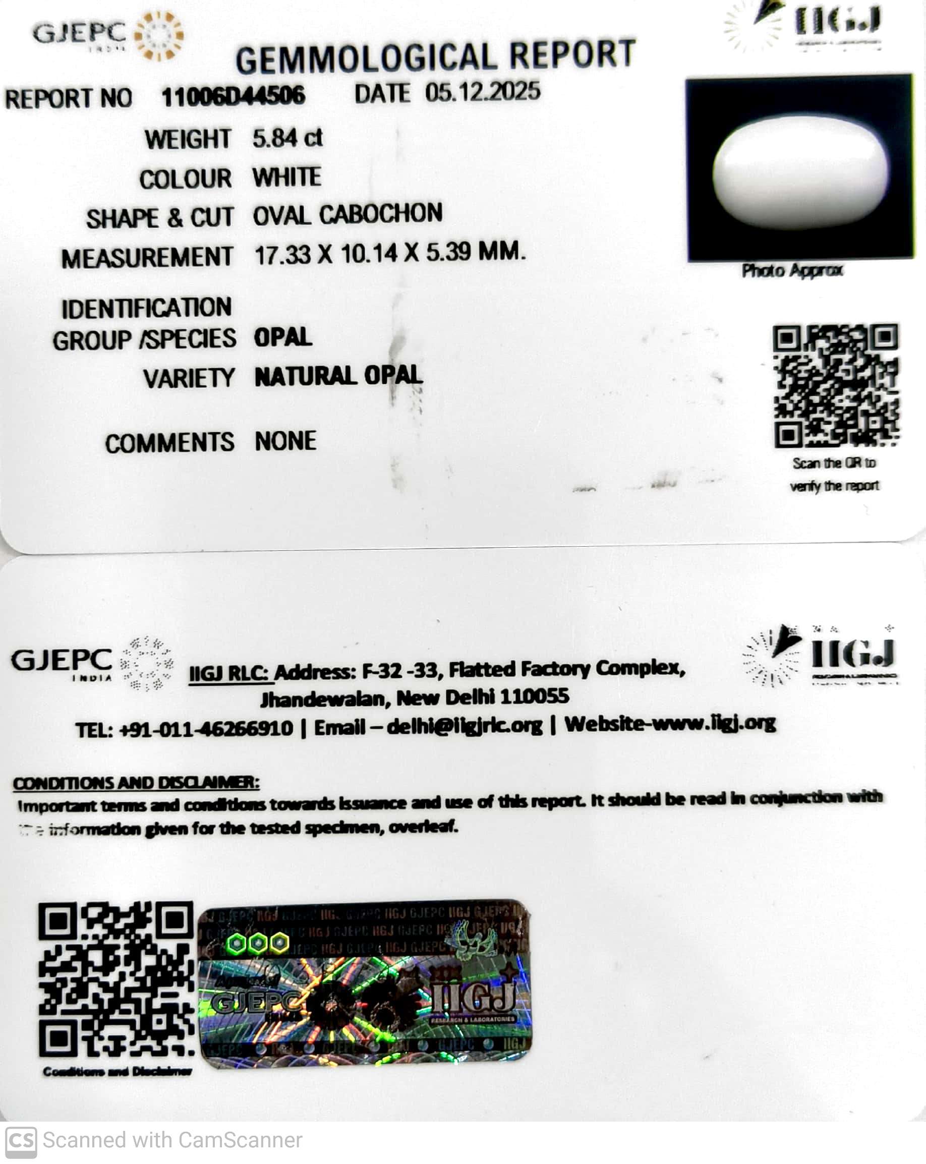 5.84/CT Natural Opal with Govt. Lab Certificate-11006D44506