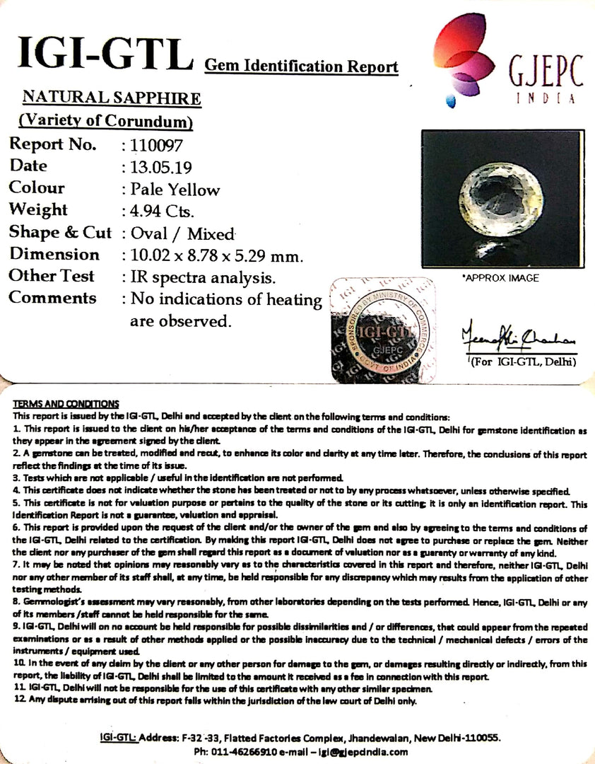 4.94/CT Natural Yellow Sapphire With Govt Lab Certificate-45510
