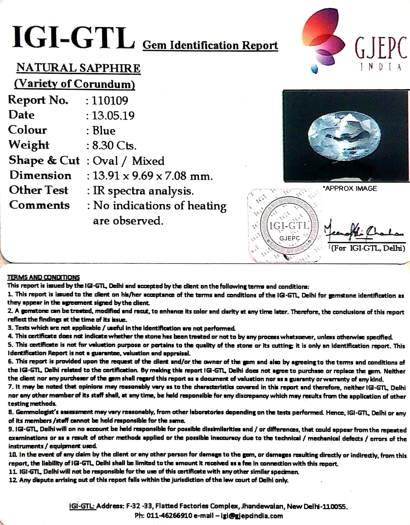 8.30/CT Natural Blue Sapphire with Govt Lab Certificate-BLUSA9V