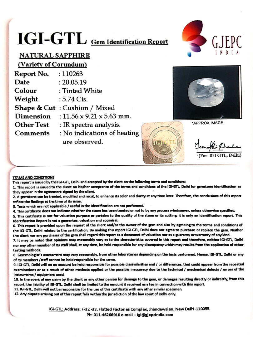 6.38 Ratti Natural White Sapphire With Govt Lab Certificate-(4551)