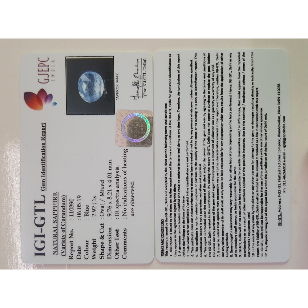 2.90/CT Natural Blue Sapphire with Govt Lab Certificate-BLUSA9V