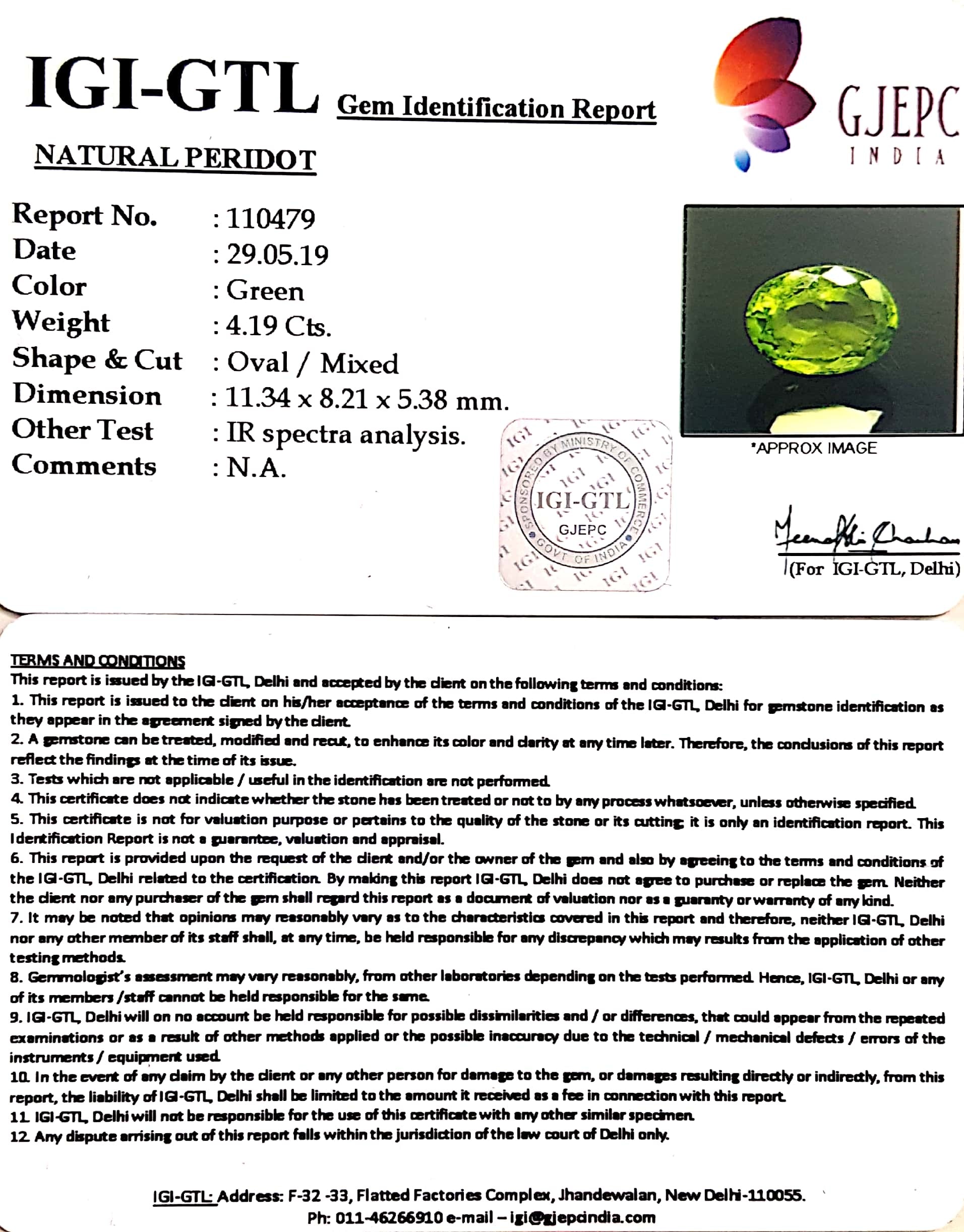 4.66 Ratti Natural Peridot With Govt.Lab Certificate