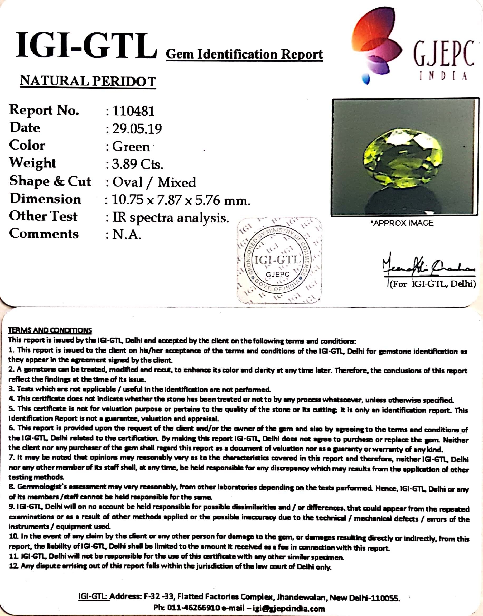 3.89 Carat Natural Peridot With Govt.Lab Certificate-(4551)