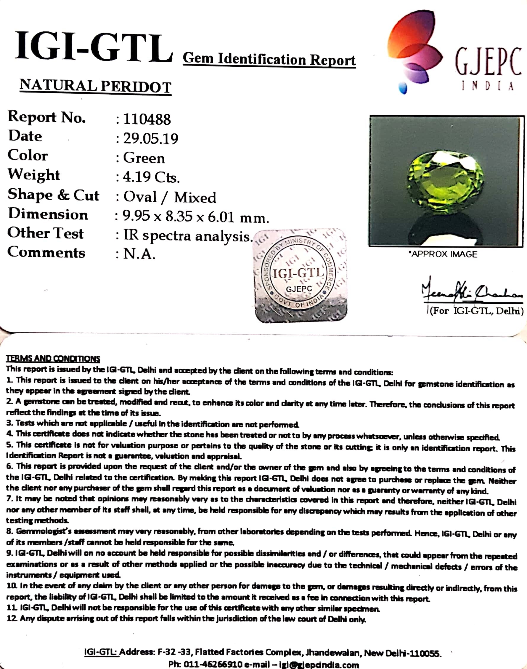 4.19/CT Natural Peridot With Govt.Lab Certificate