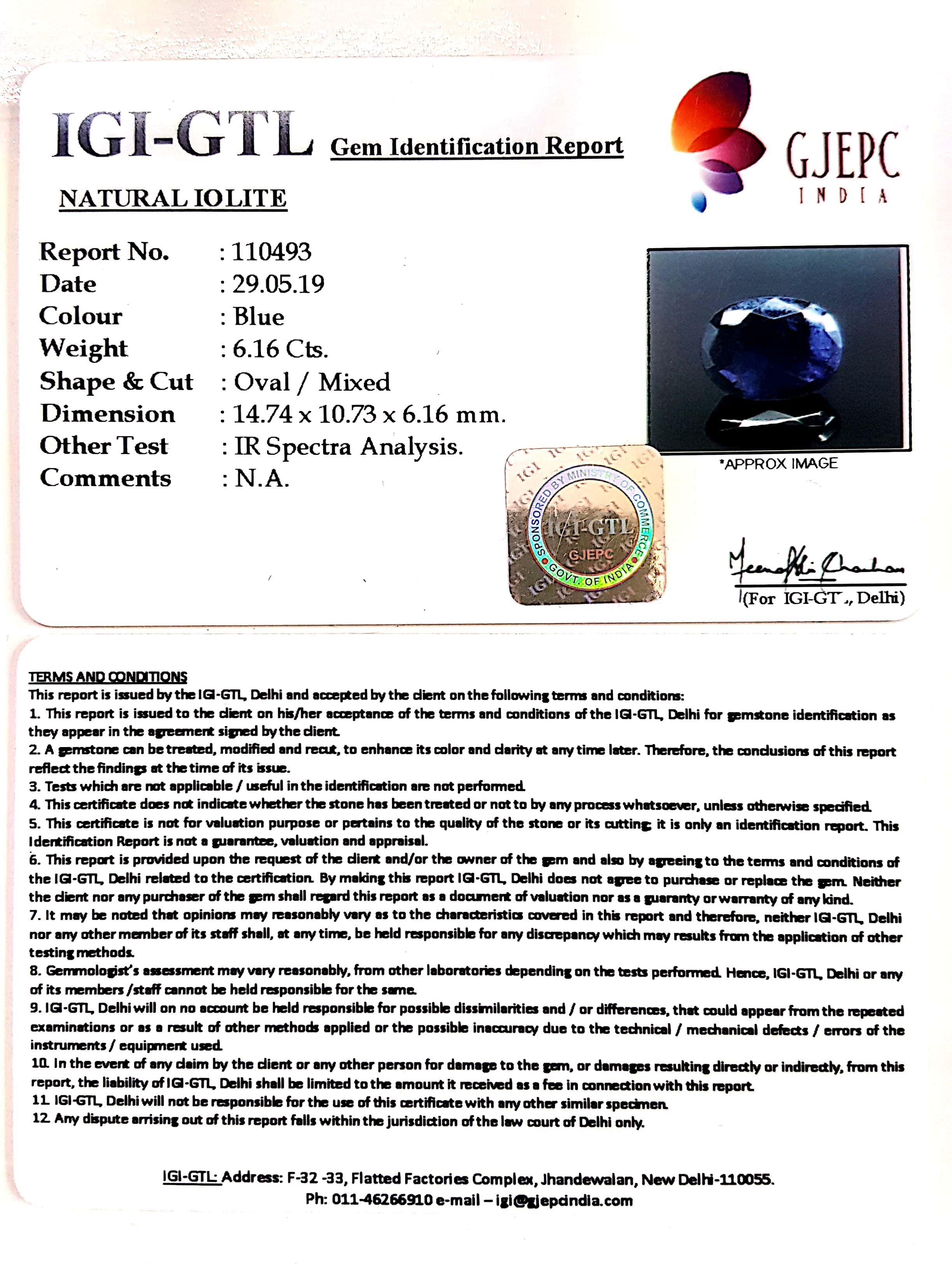 6.84 Ratti Natural Iolite With Govt. Lab Certificate-110493