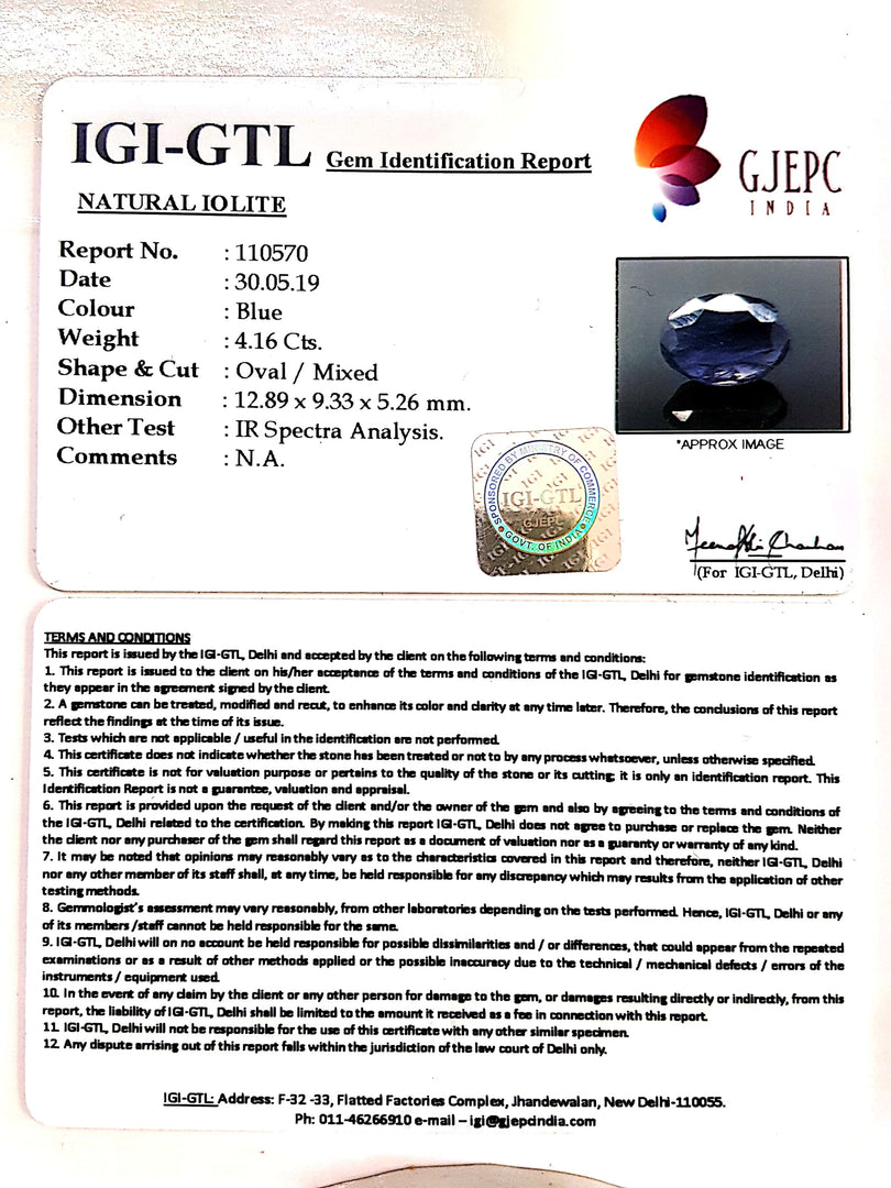4.62 Ratti Natural Iolite With Govt. Lab Certificate-(1221)