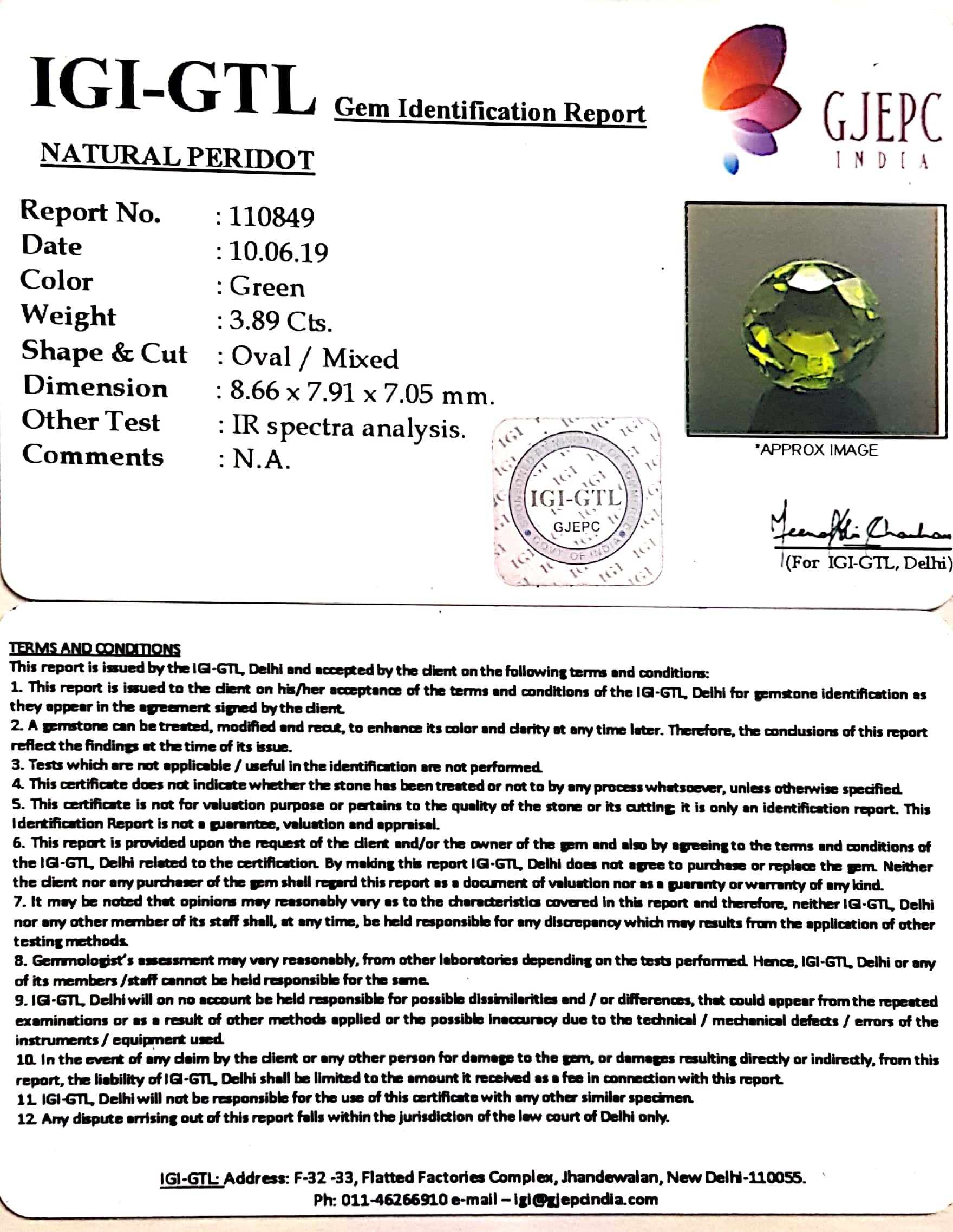 4.32 Ratti Natural Peridot oval Shape Gemstone With Govt.Lab Certificate-(4551)