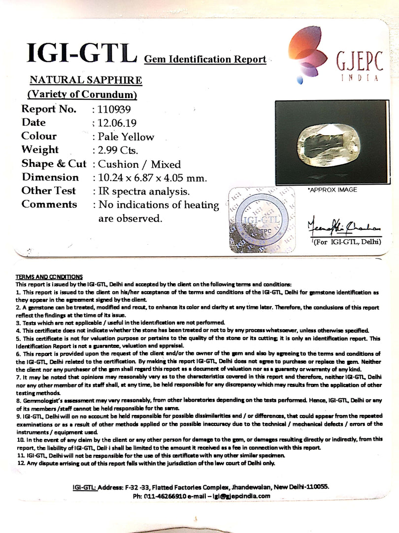 2.99/CT Natural Yellow Sapphire with Govt Lab Certificate-(YELSA9V)