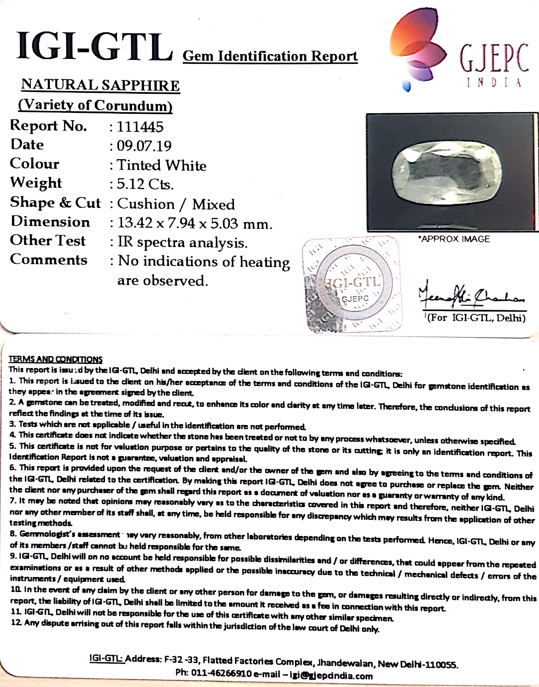 5.12/CT Natural White Sapphire with Govt Lab Certificate-111445