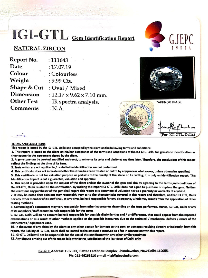 9.99/CT Natural Zircon With Govt. Lab certificate-(4551)