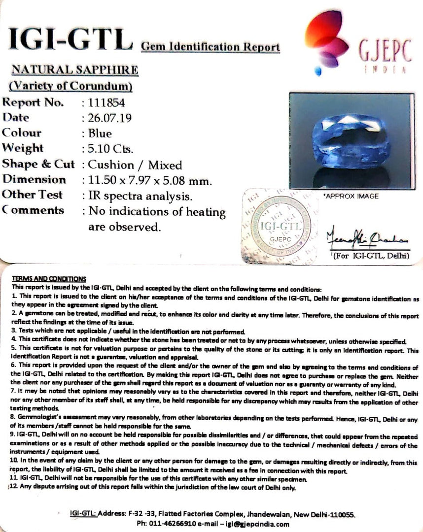 5.10/CT Natural Blue Sapphire with Govt Lab Certificate-BLUSA9A
