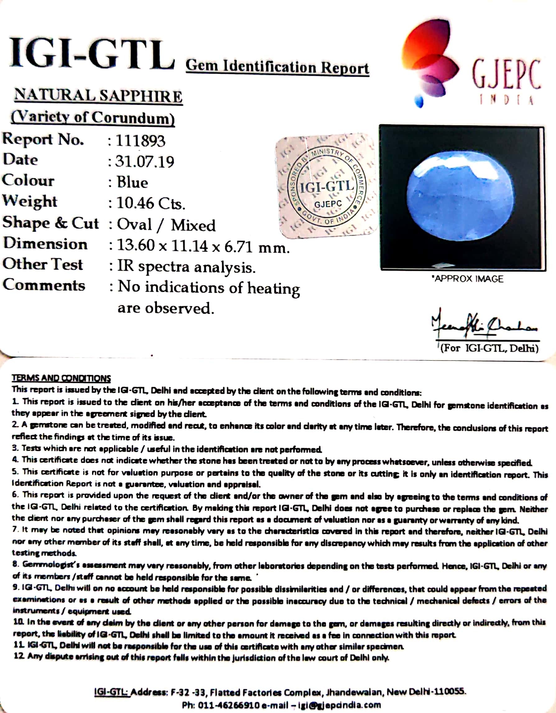 11.62 Ratti Natural Blue Sapphire With Govt Lab Certified-(4551)