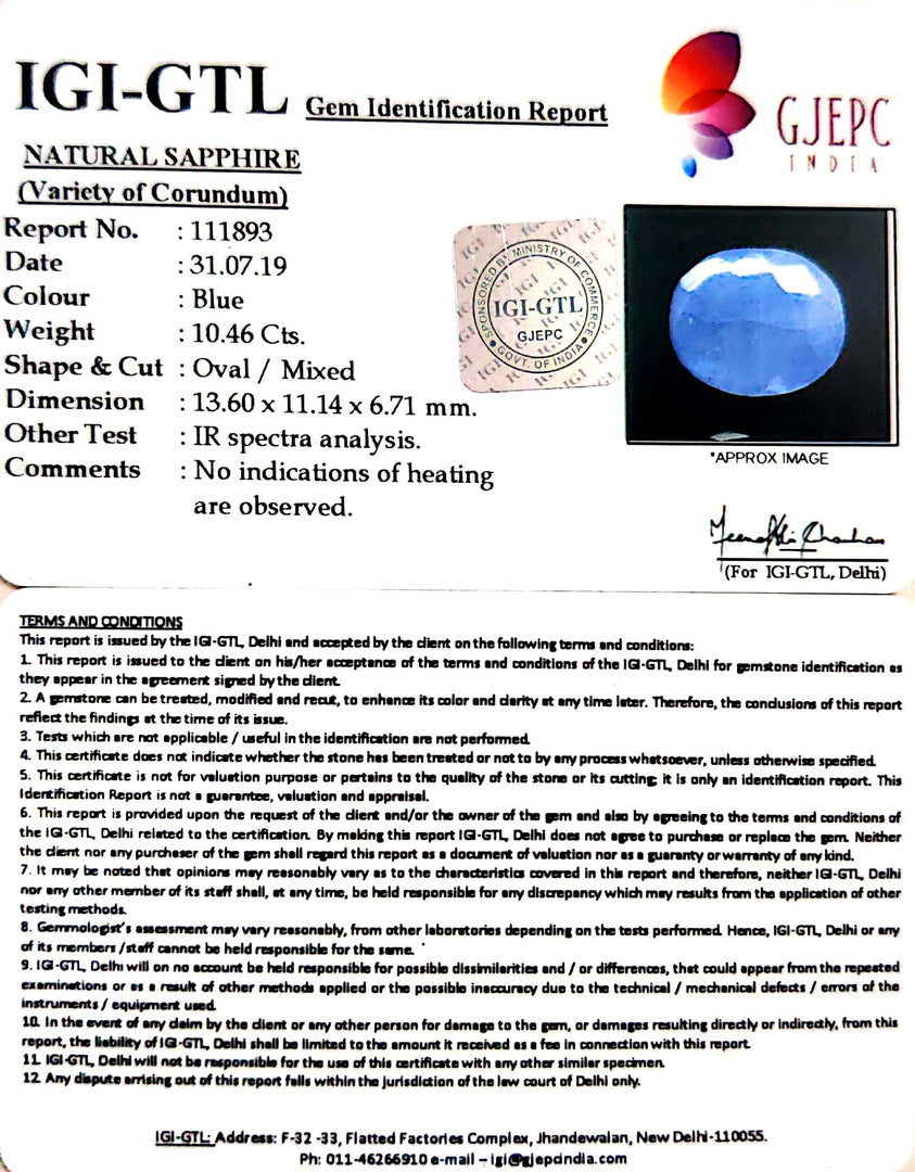 11.62 Ratti Natural Blue Sapphire With Govt Lab Certified-(4551)