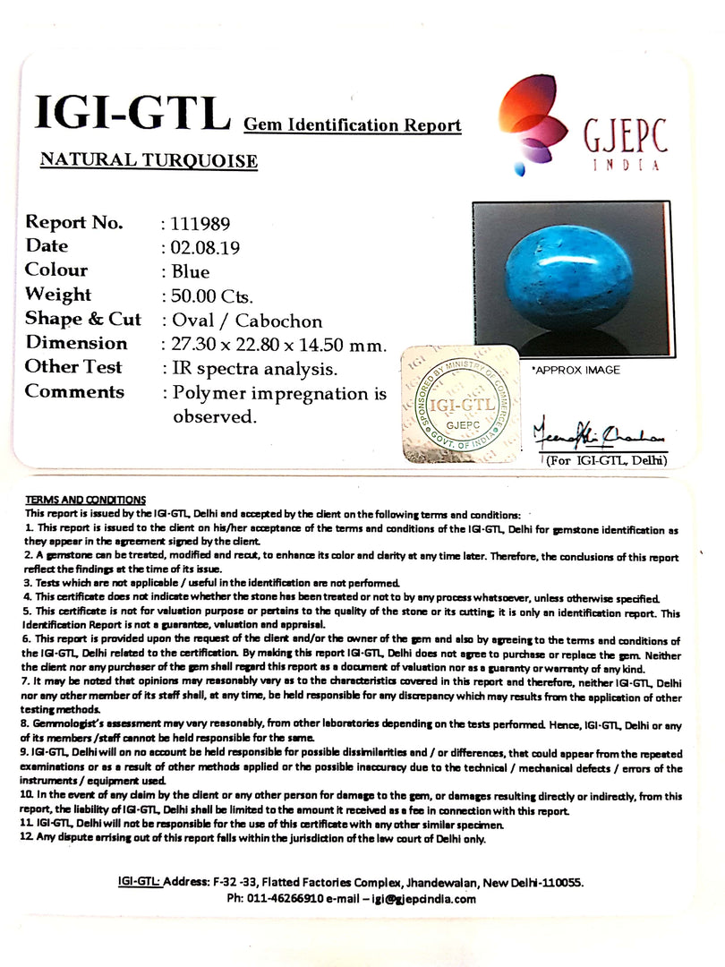 55.57 Ratti Irani Turquoise With Govt. Lab Certificate-(1221)