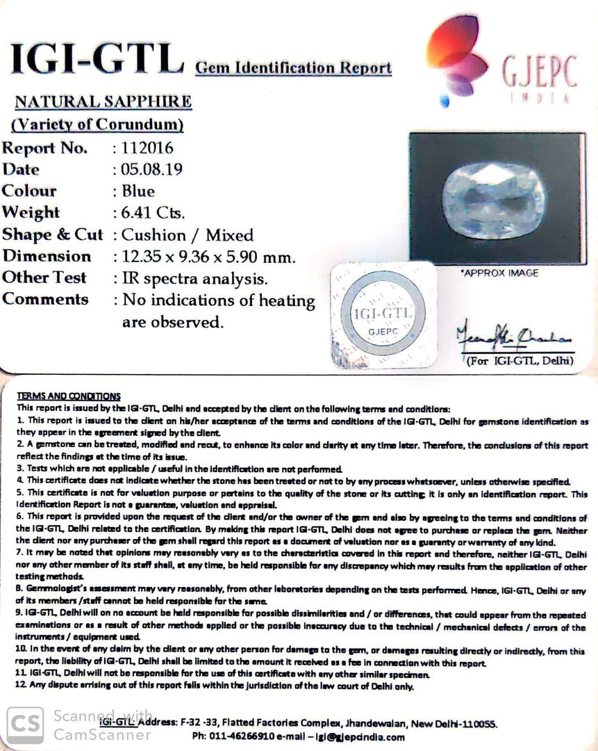 6.41/CT Natural Blue Sapphire With Govt Lab Certificate-BLUSA9V
