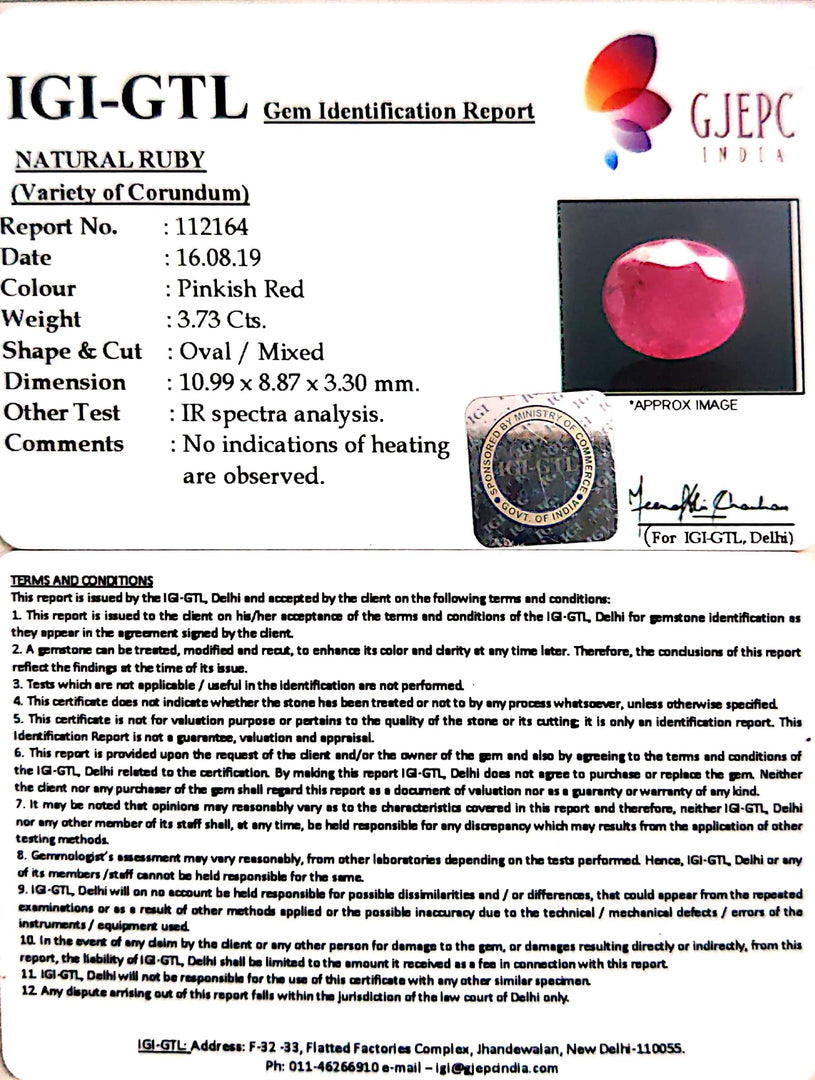 3.73/CT Natural Mozambique Ruby with Govt. Lab Certificate-RUBY9V